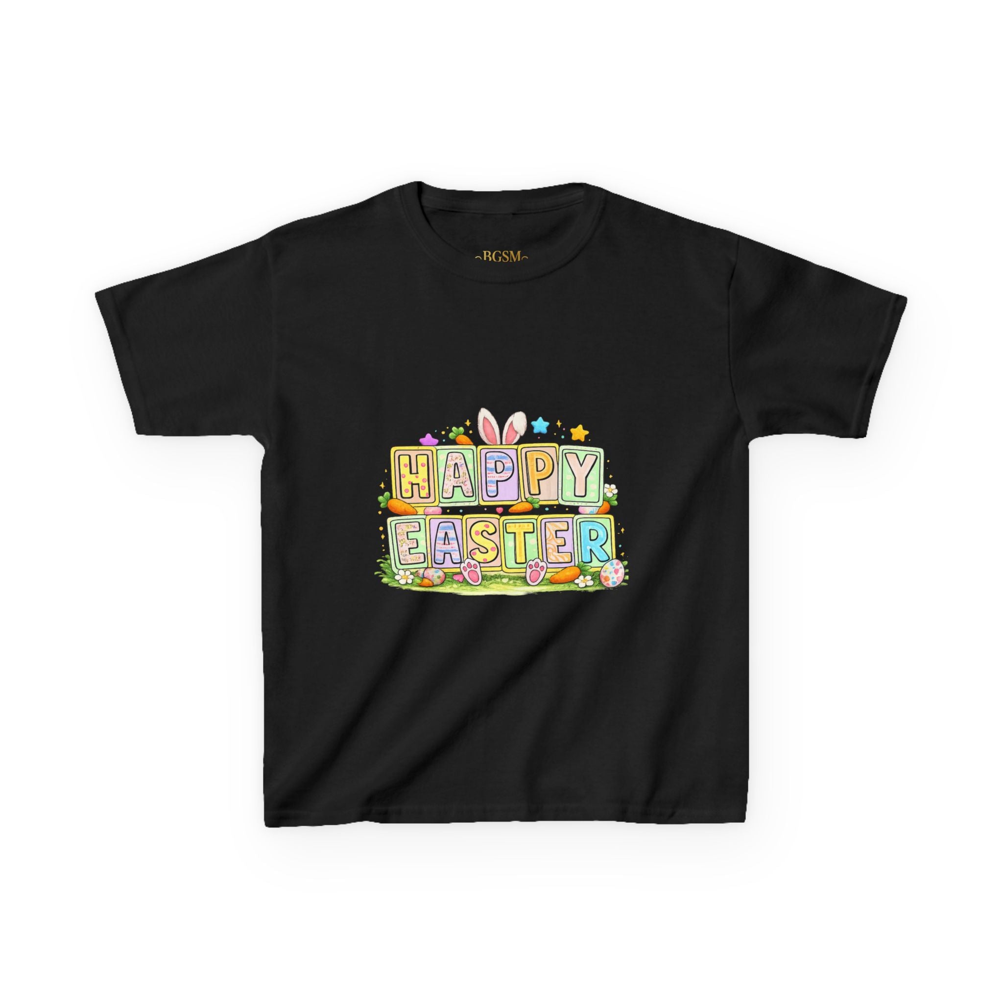 BGSM Kids T-Shirt - "Happy Easter" Colorful Block Letters Tee (Back BGSM Watercolor Accent)
