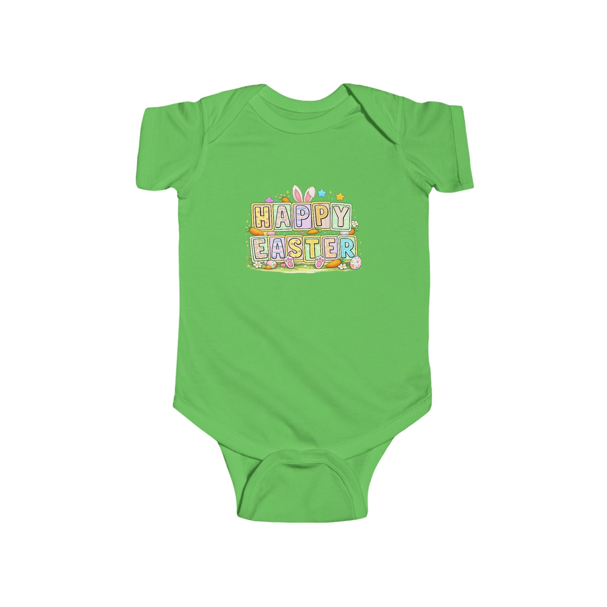 BGSM Happy Easter Baby Bodysuit — Infant Fine Jersey Easter Onesie with Colorful Block Design