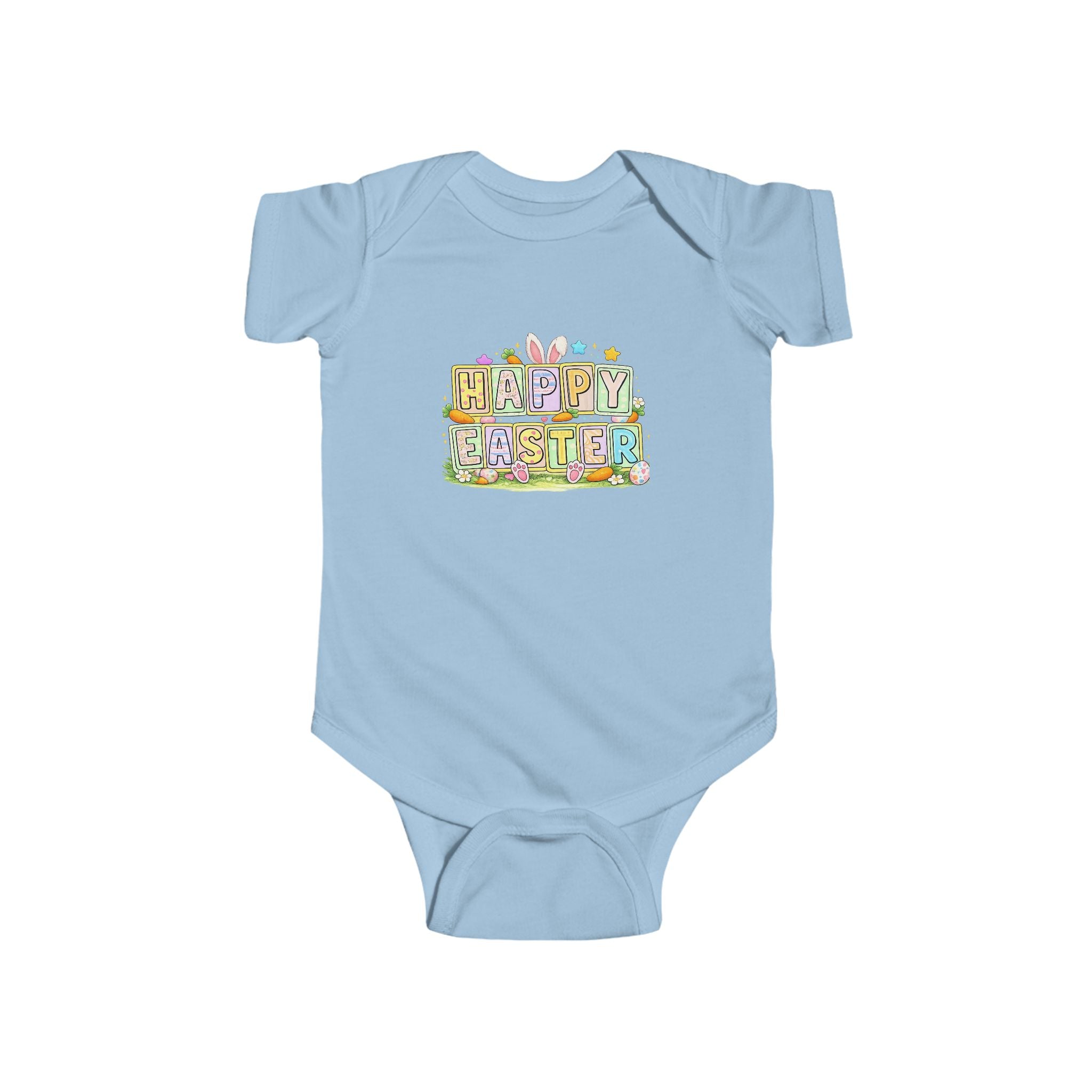 BGSM Happy Easter Baby Bodysuit — Infant Fine Jersey Easter Onesie with Colorful Block Design