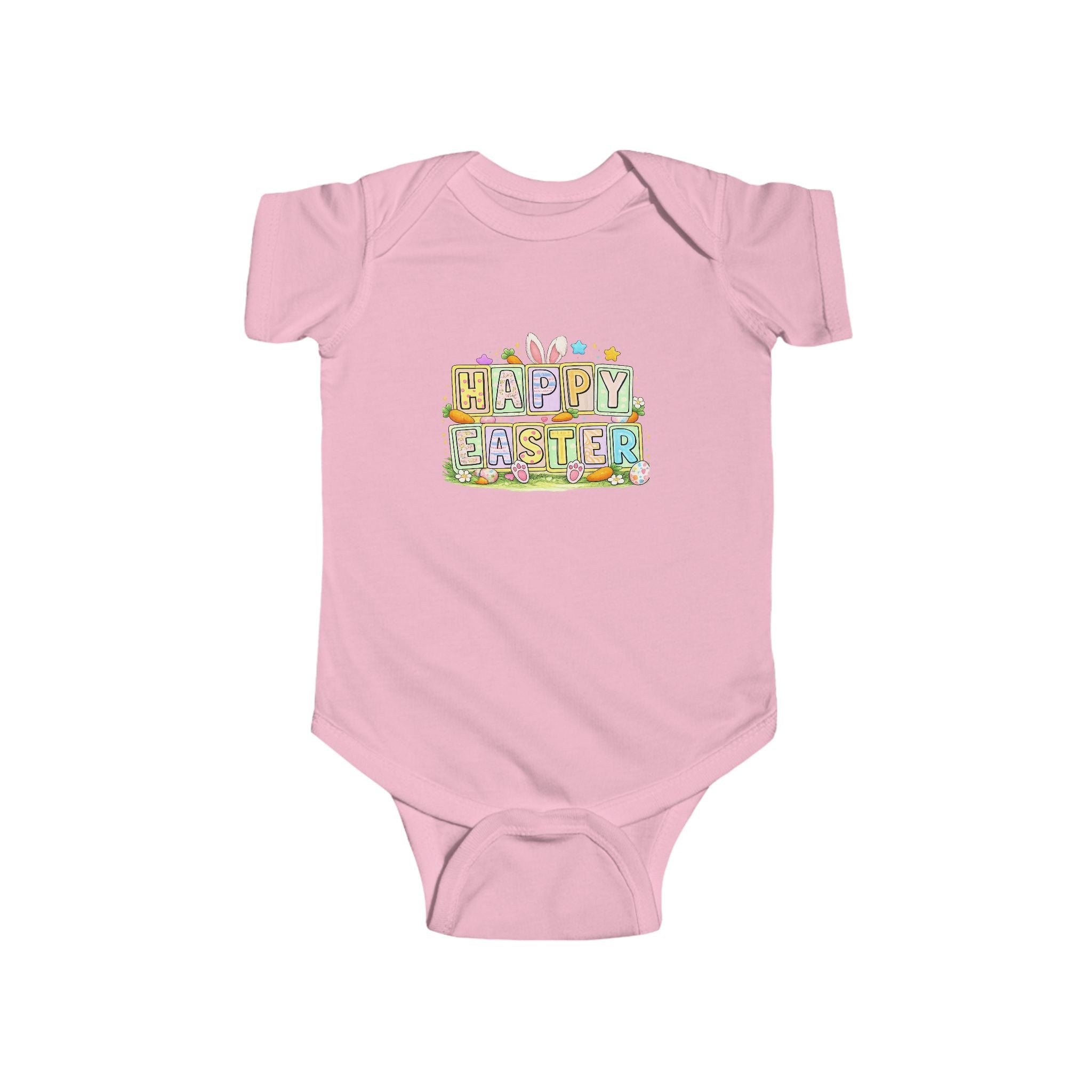 BGSM Happy Easter Baby Bodysuit — Infant Fine Jersey Easter Onesie with Colorful Block Design