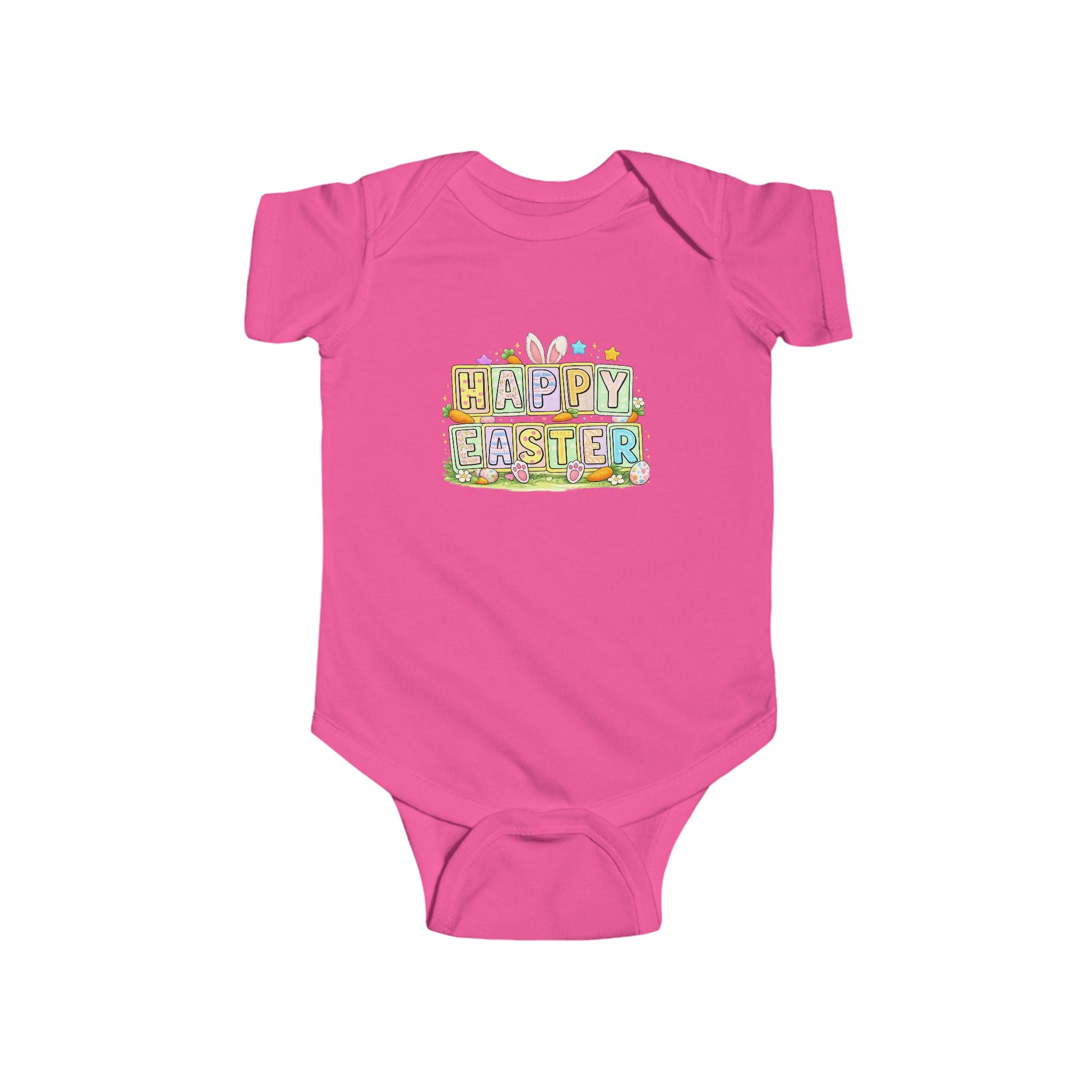 BGSM Happy Easter Baby Bodysuit — Infant Fine Jersey Easter Onesie with Colorful Block Design