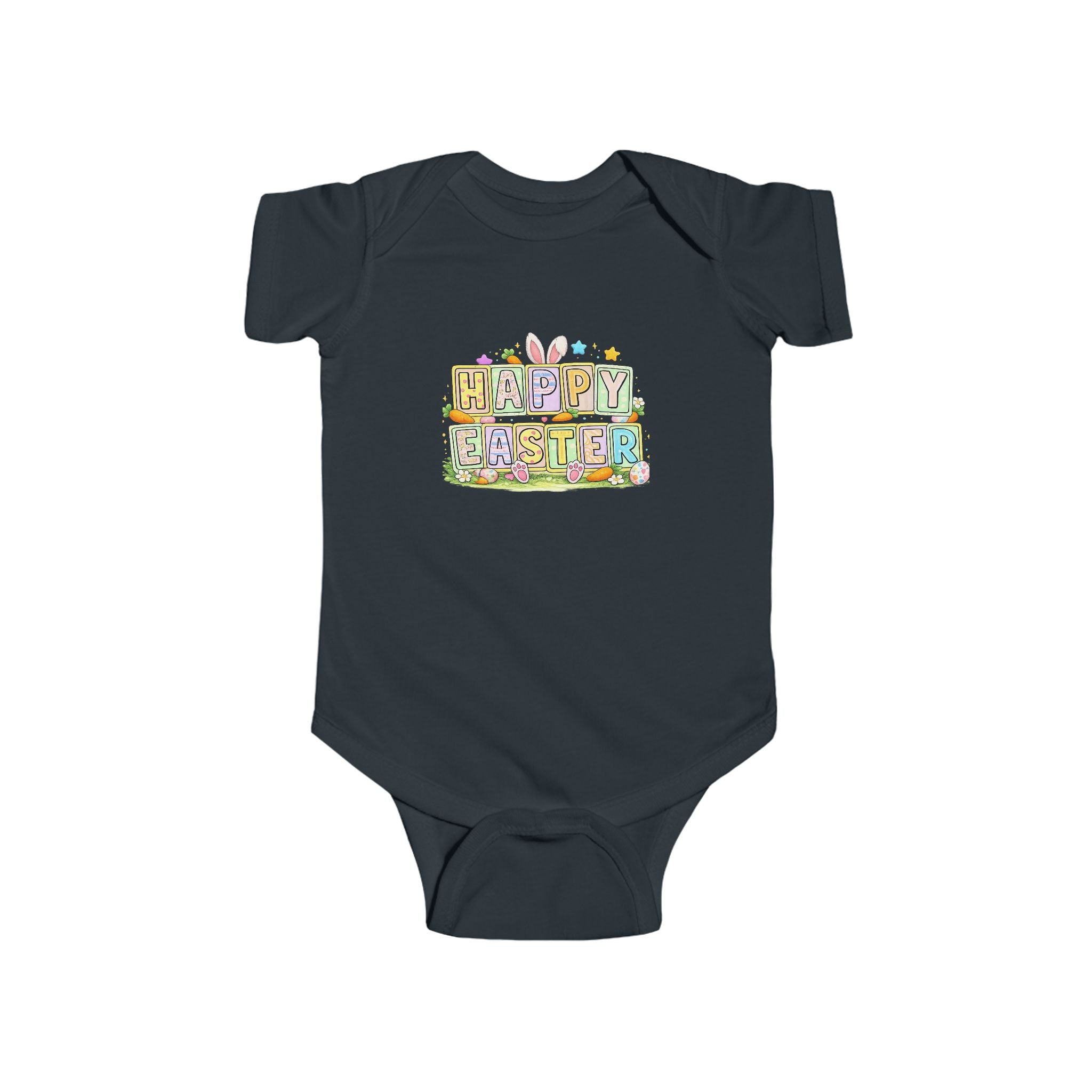 BGSM Happy Easter Baby Bodysuit — Infant Fine Jersey Easter Onesie with Colorful Block Design