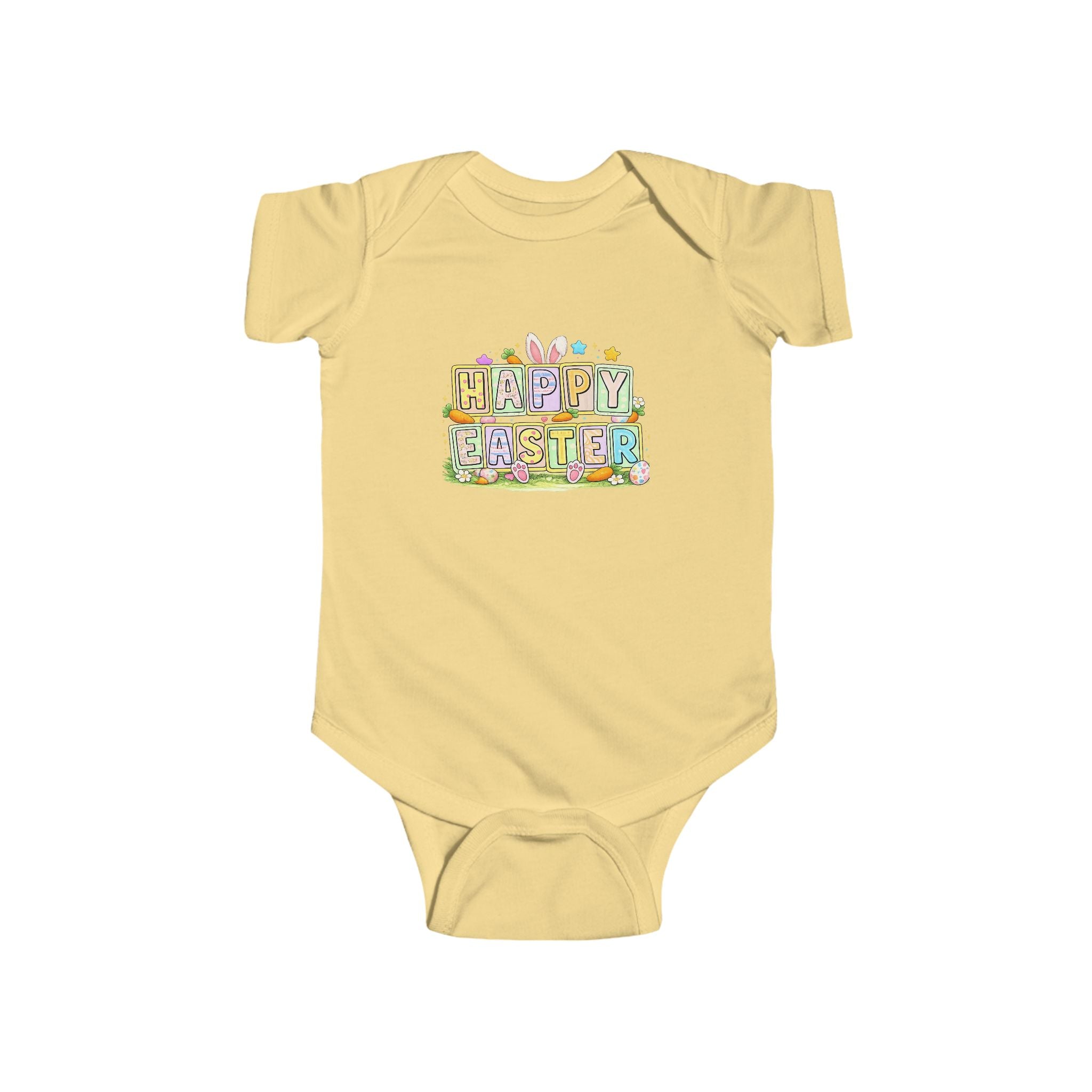 BGSM Happy Easter Baby Bodysuit — Infant Fine Jersey Easter Onesie with Colorful Block Design