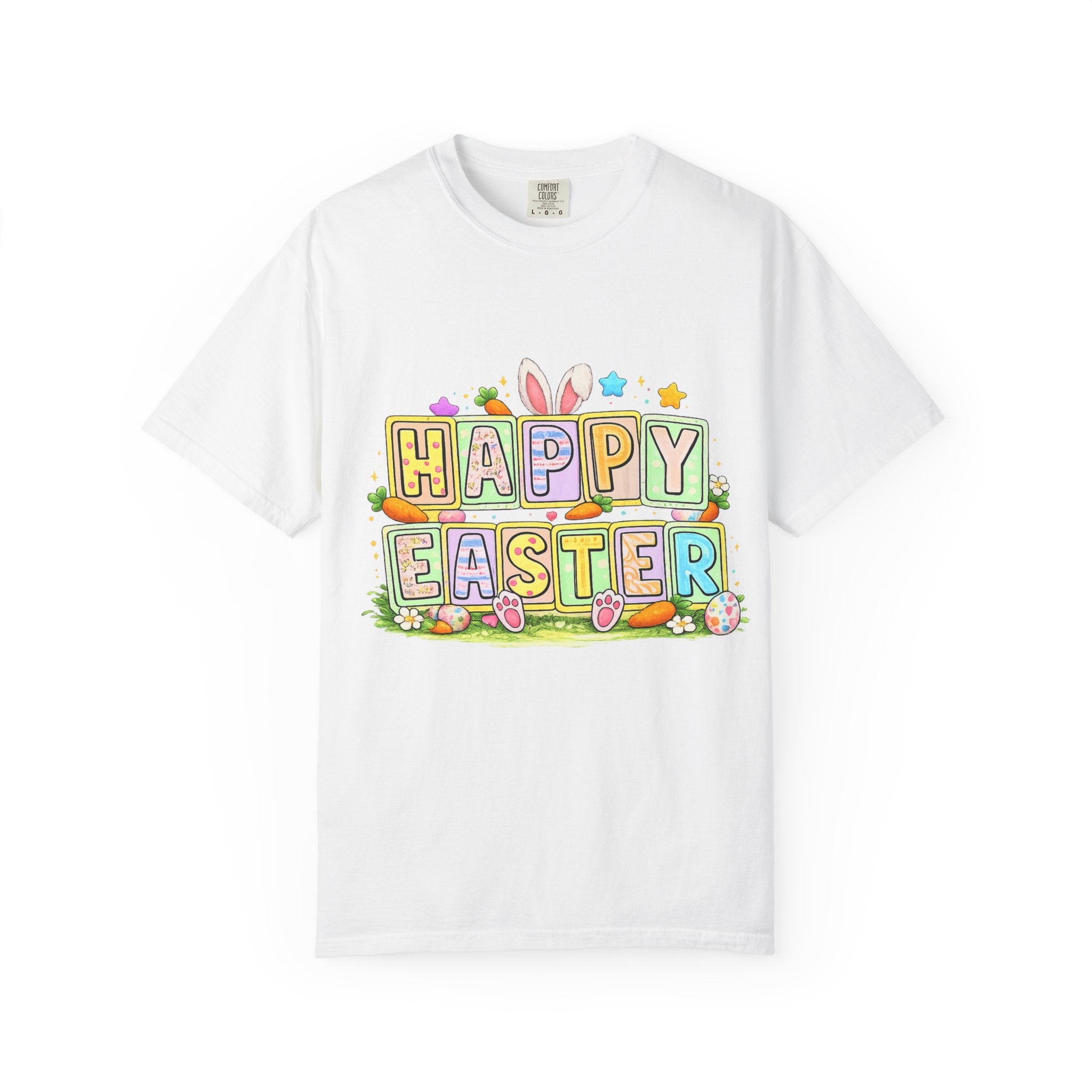 Easter Block Letter T-Shirt — "Happy Easter" Pastel Bunny & Egg Graphic