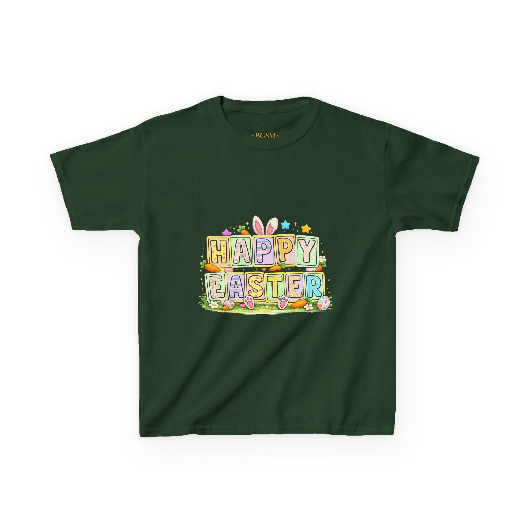 BGSM Kids T-Shirt - "Happy Easter" Colorful Block Letters Tee (Back BGSM Watercolor Accent)