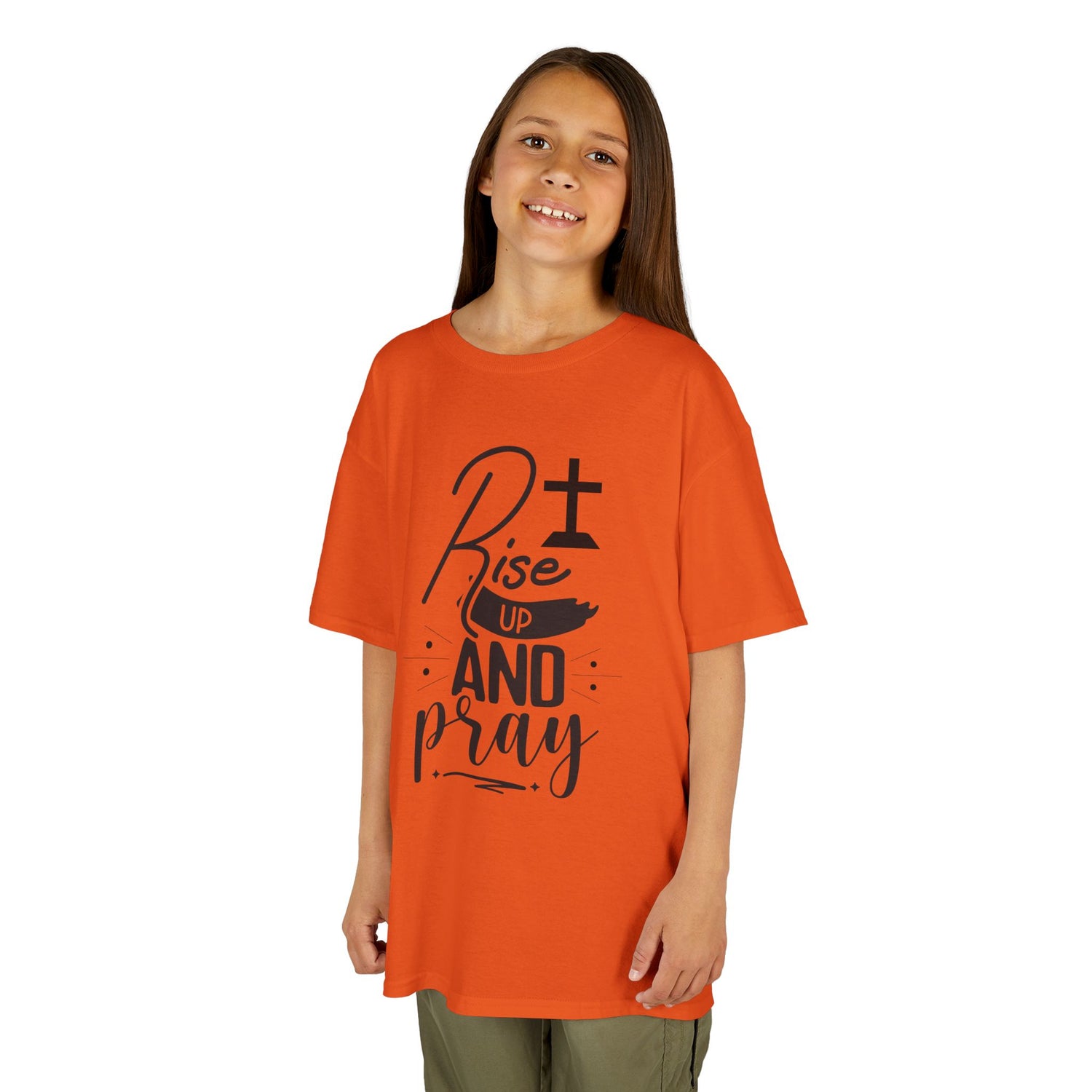 Kids Tee — "Rise Up and Pray" Christian Prayer Shirt with BGSM Back Logo