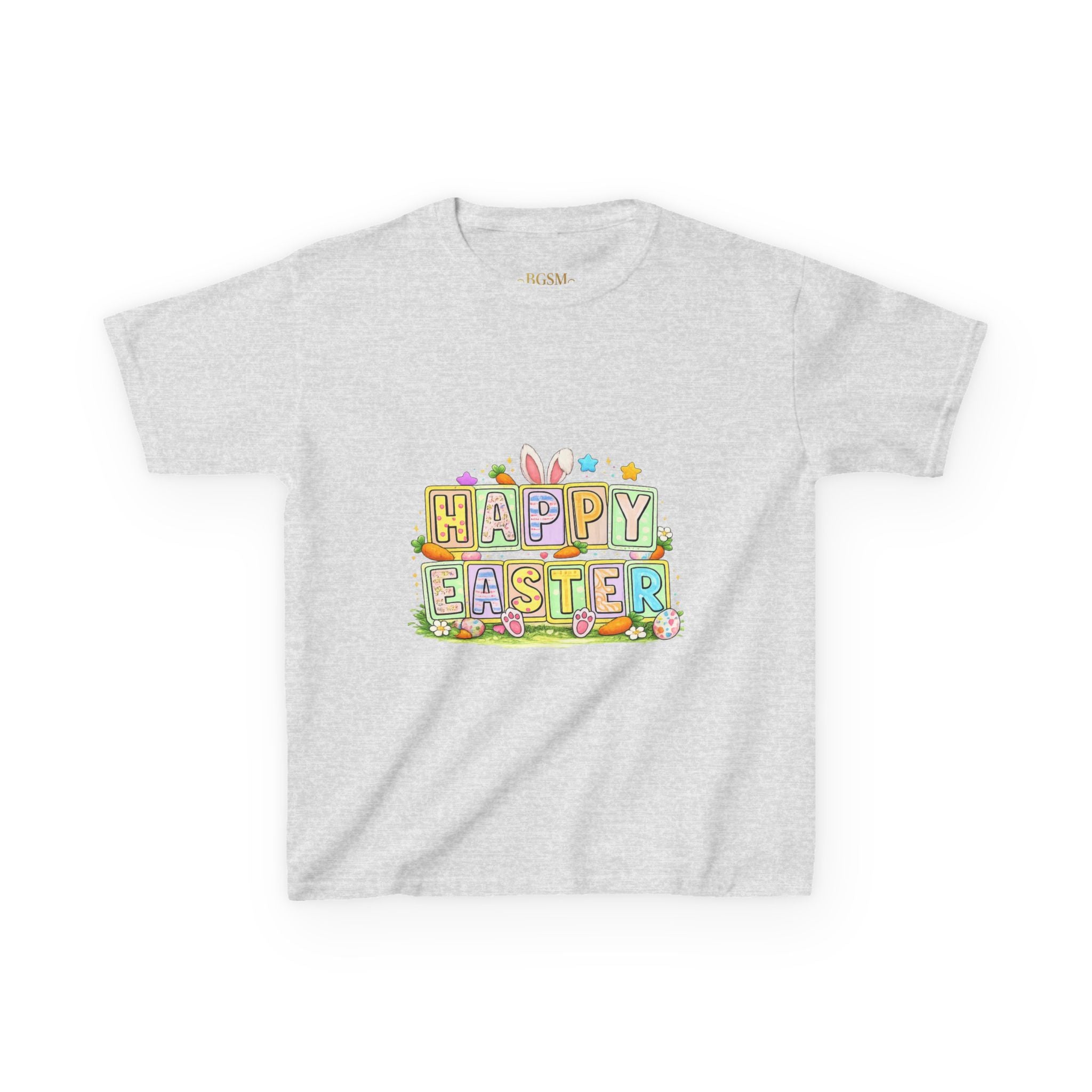 BGSM Kids T-Shirt - "Happy Easter" Colorful Block Letters Tee (Back BGSM Watercolor Accent)