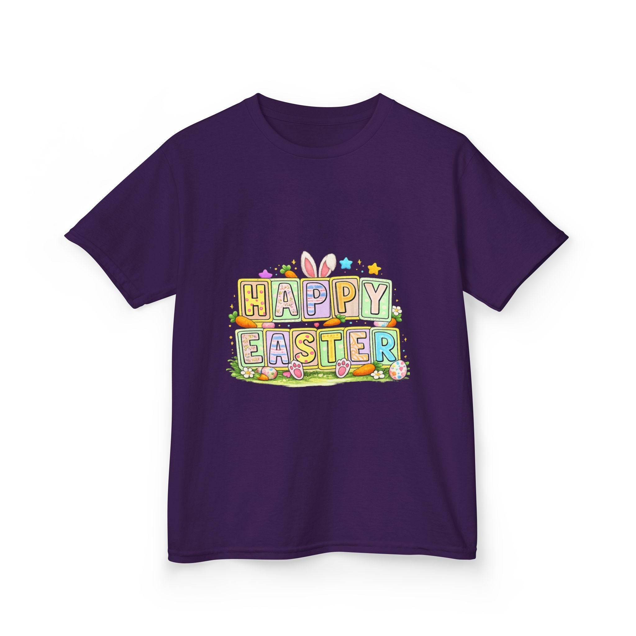 BGSM Kids T-Shirt - "Happy Easter" Colorful Block Letters Tee (Back BGSM Watercolor Accent)