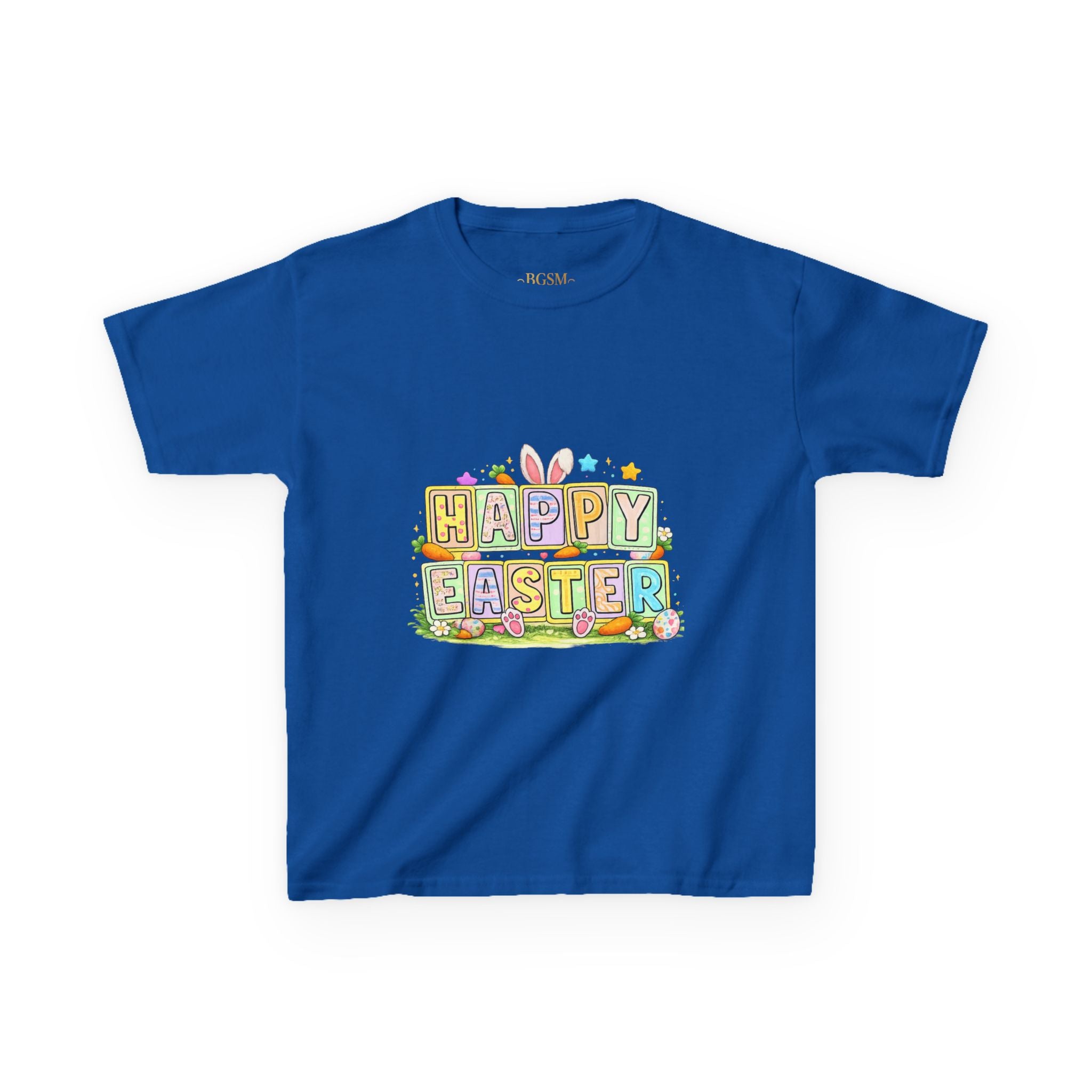 BGSM Kids T-Shirt - "Happy Easter" Colorful Block Letters Tee (Back BGSM Watercolor Accent)