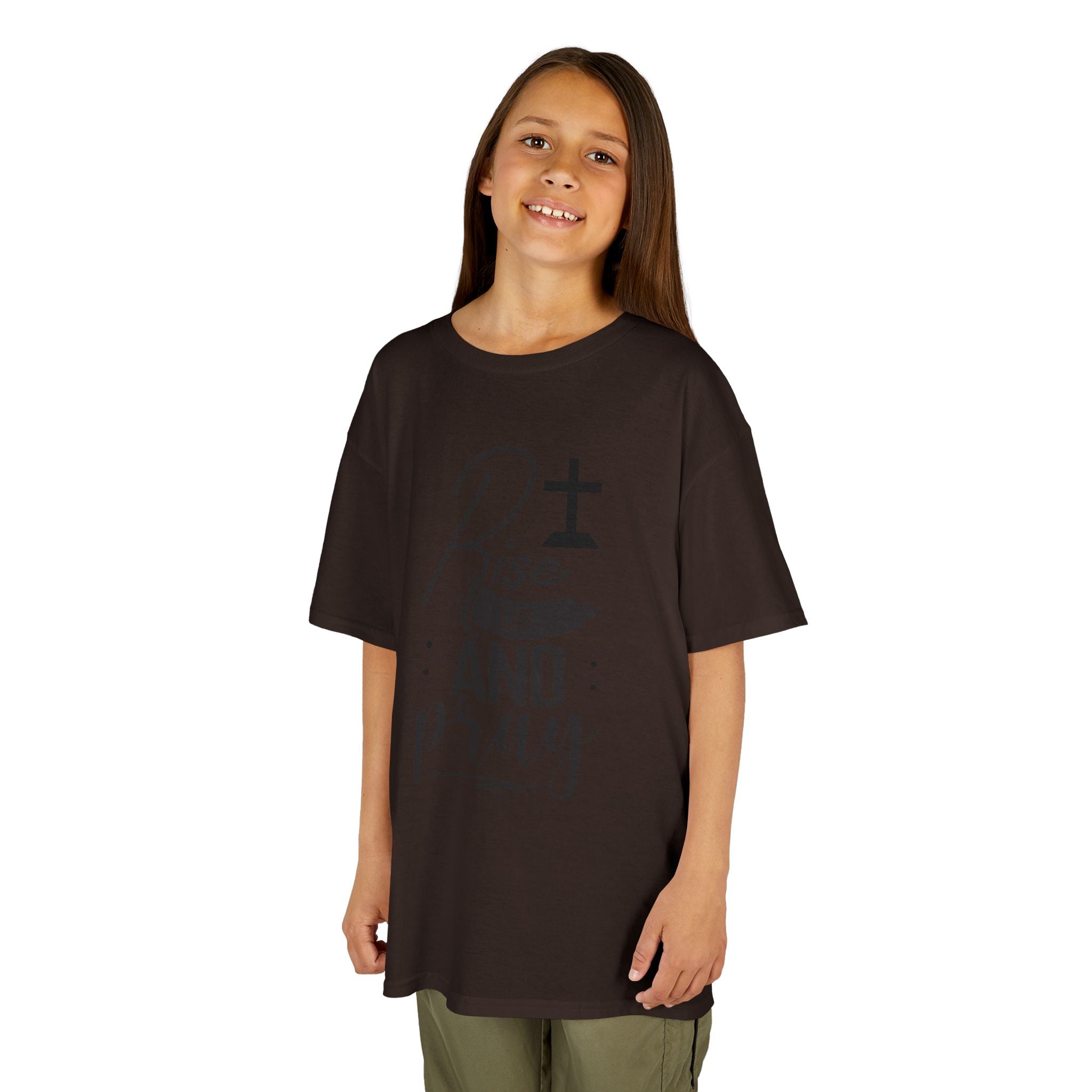 Kids Tee — "Rise Up and Pray" Christian Prayer Shirt with BGSM Back Logo