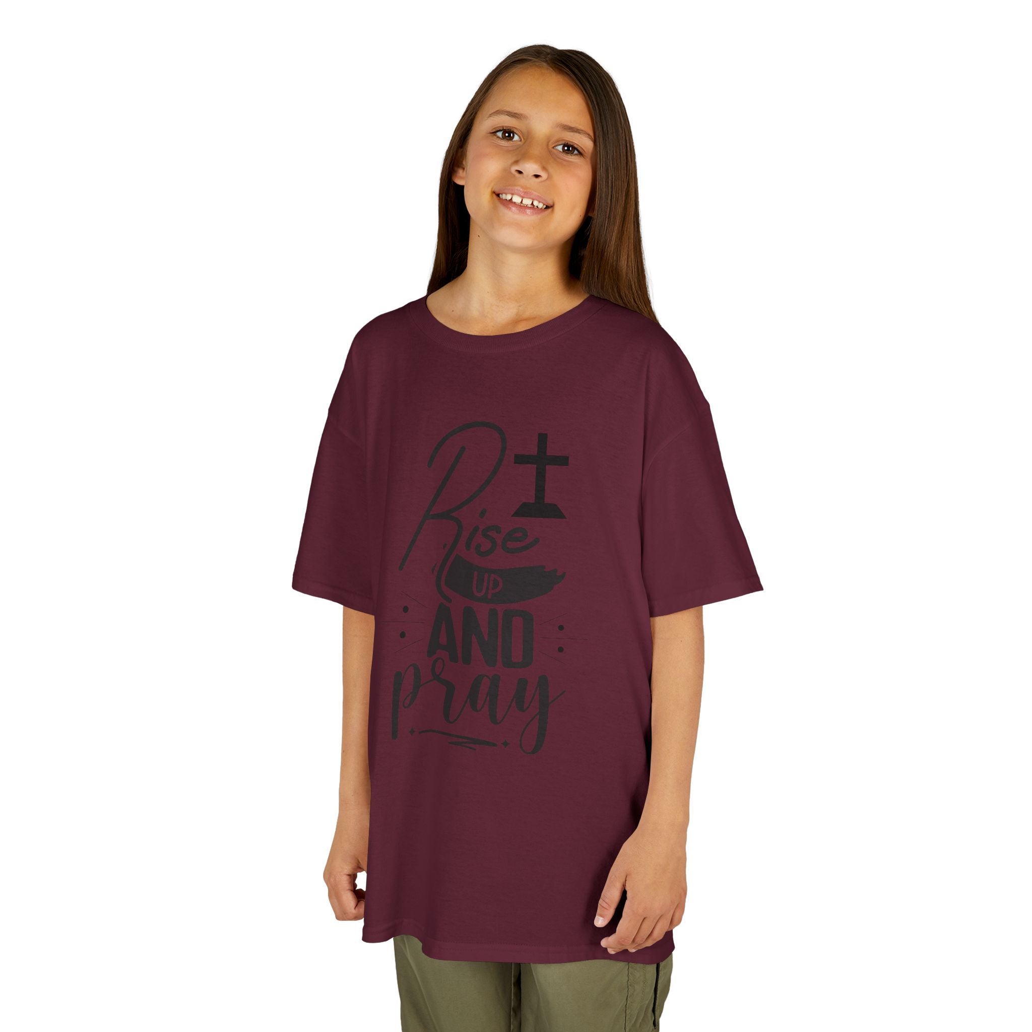 Kids Tee — "Rise Up and Pray" Christian Prayer Shirt with BGSM Back Logo