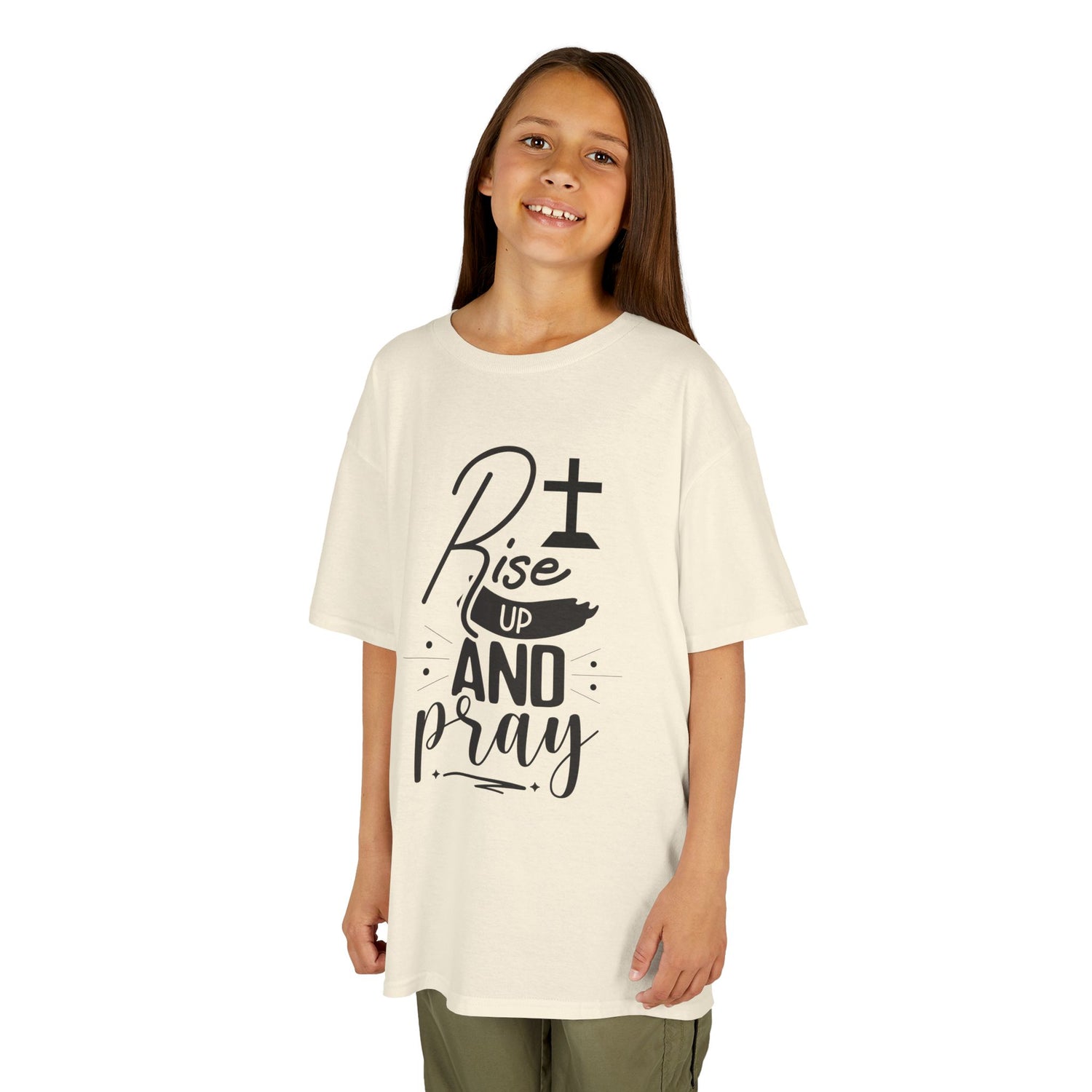 Kids Tee — "Rise Up and Pray" Christian Prayer Shirt with BGSM Back Logo