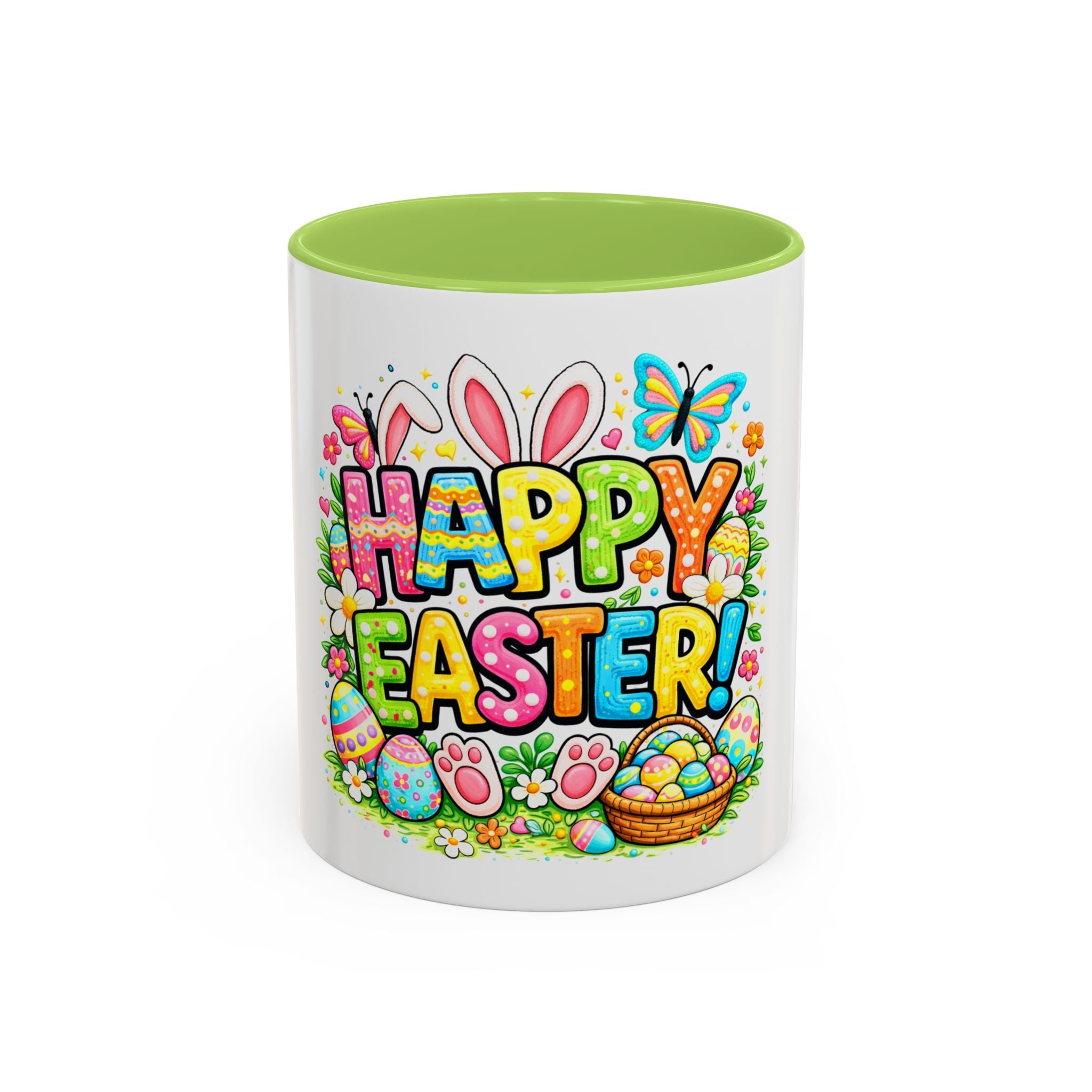 BGSM Happy Easter Coffee Mug - Colorful Bunny & Egg Basket Accent Mug (11/15oz)