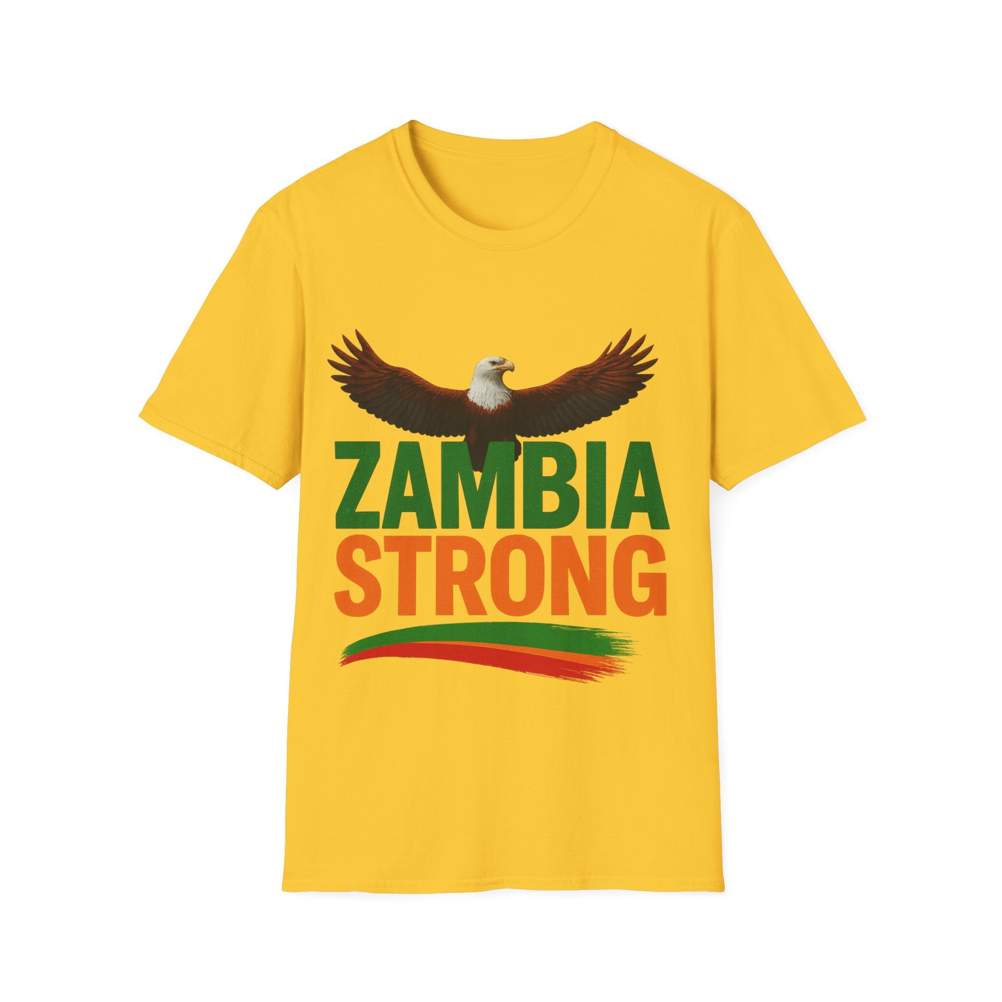Zambia Strong T-Shirt — Patriotic Eagle with Green & Orange Brushstroke