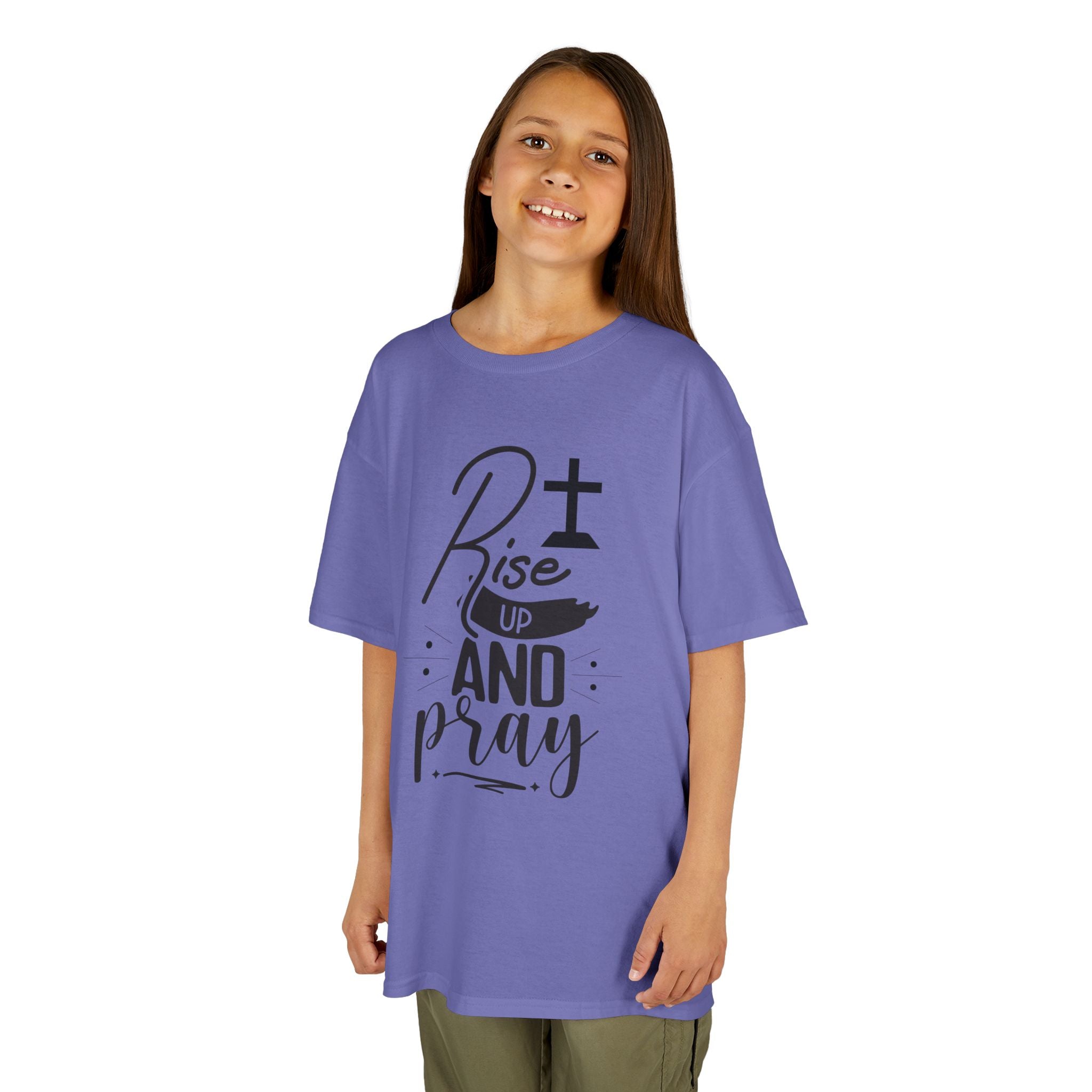 Kids Tee — "Rise Up and Pray" Christian Prayer Shirt with BGSM Back Logo