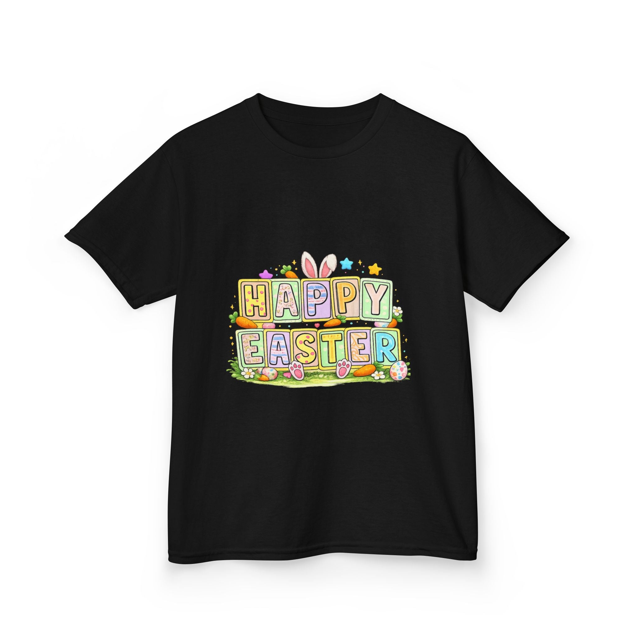 BGSM Kids T-Shirt - "Happy Easter" Colorful Block Letters Tee (Back BGSM Watercolor Accent)