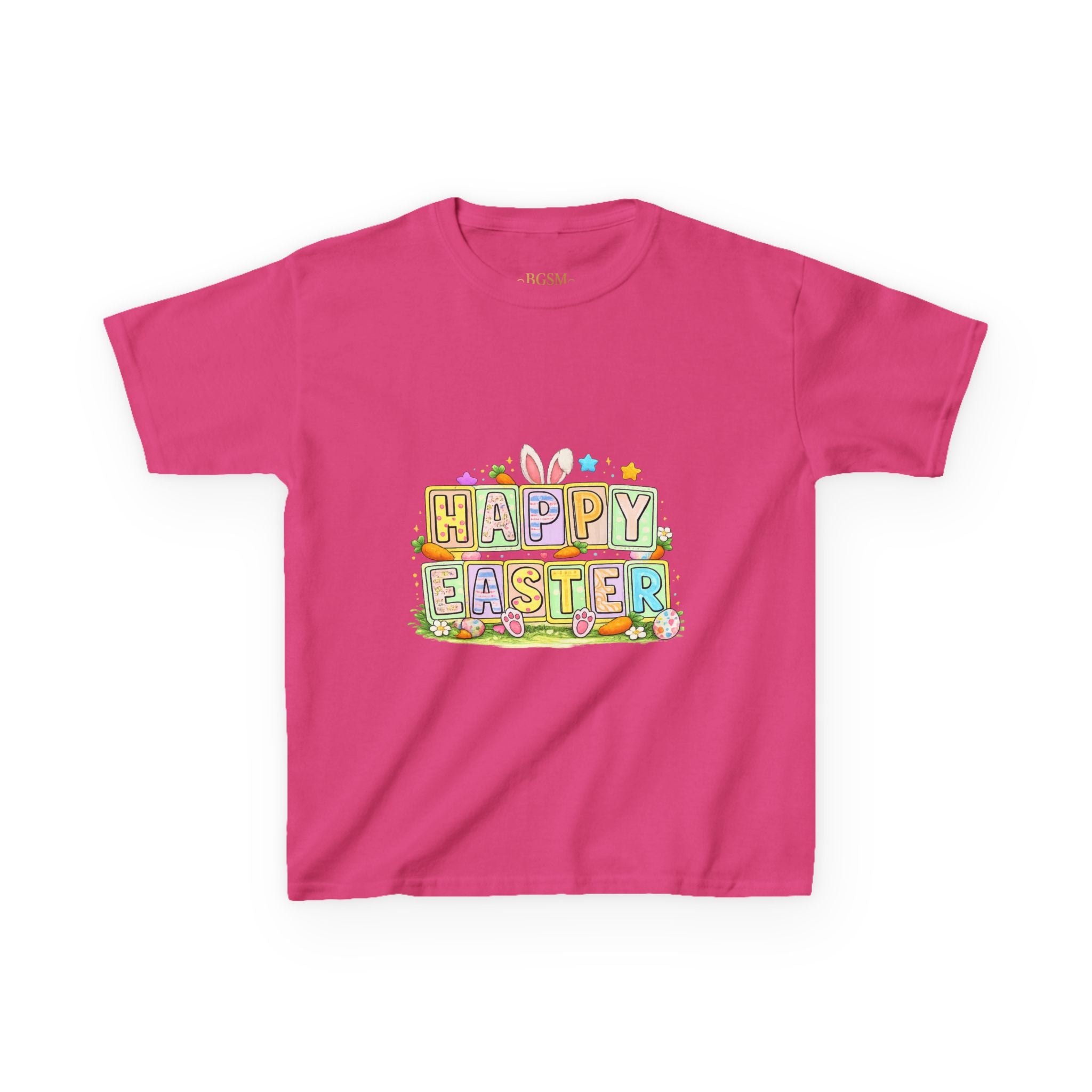 BGSM Kids T-Shirt - "Happy Easter" Colorful Block Letters Tee (Back BGSM Watercolor Accent)