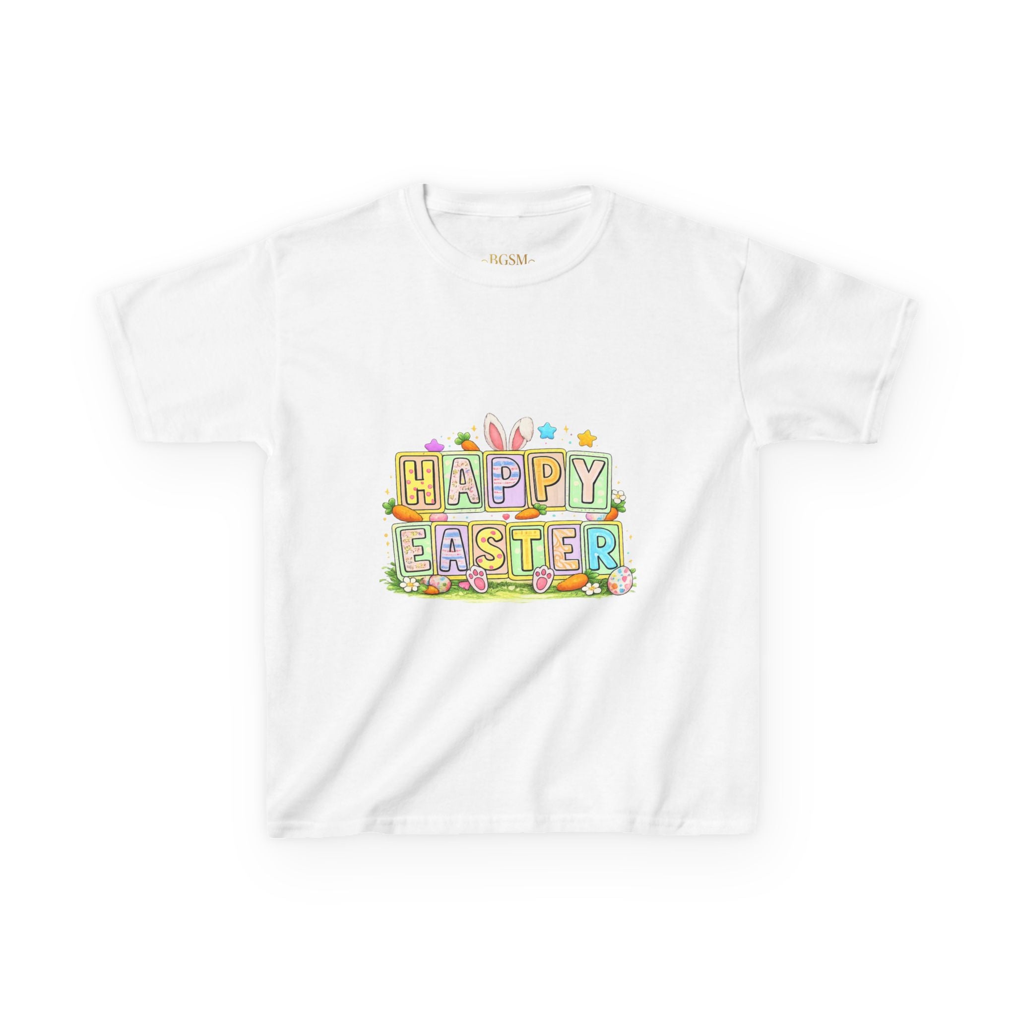 BGSM Kids T-Shirt - "Happy Easter" Colorful Block Letters Tee (Back BGSM Watercolor Accent)