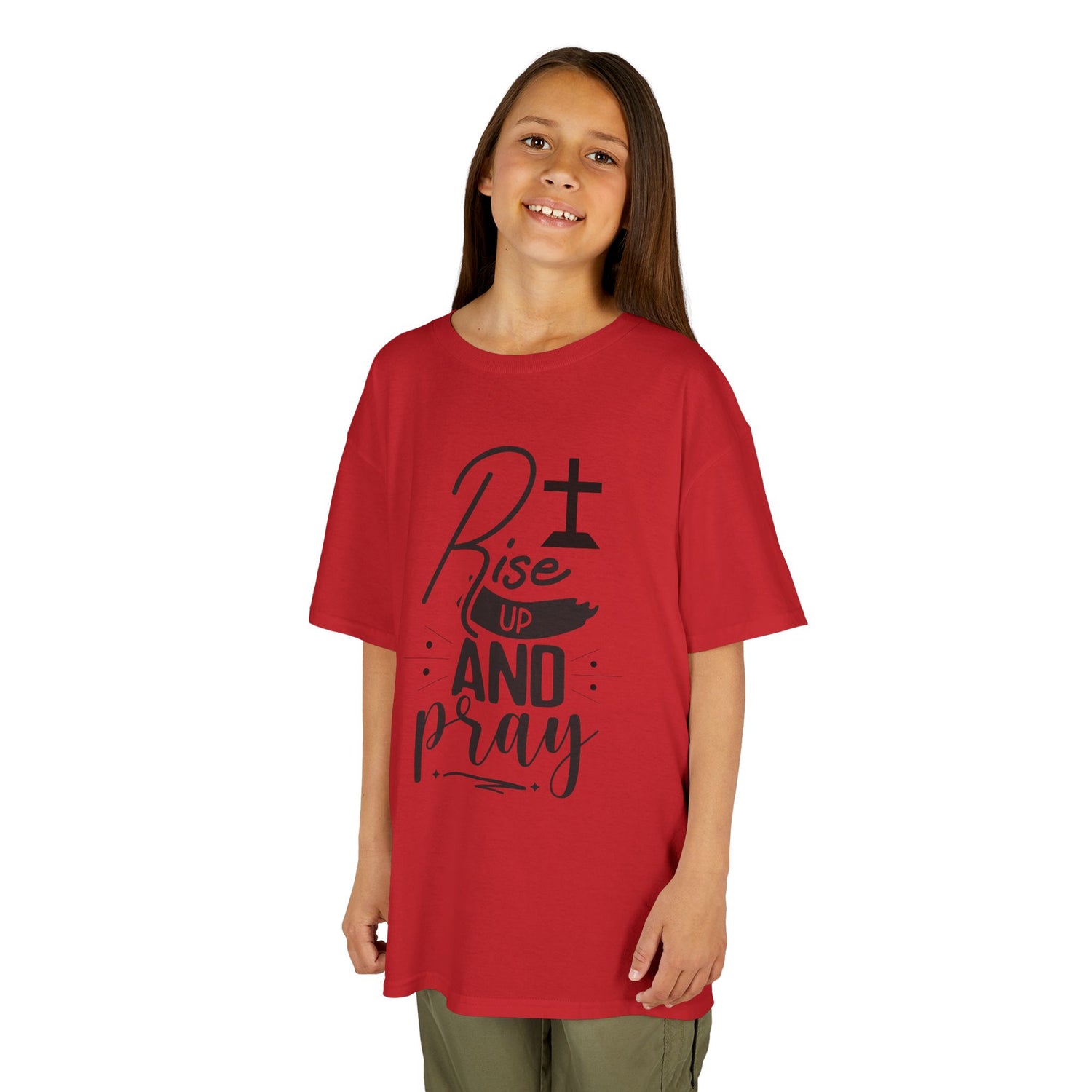 Kids Tee — "Rise Up and Pray" Christian Prayer Shirt with BGSM Back Logo