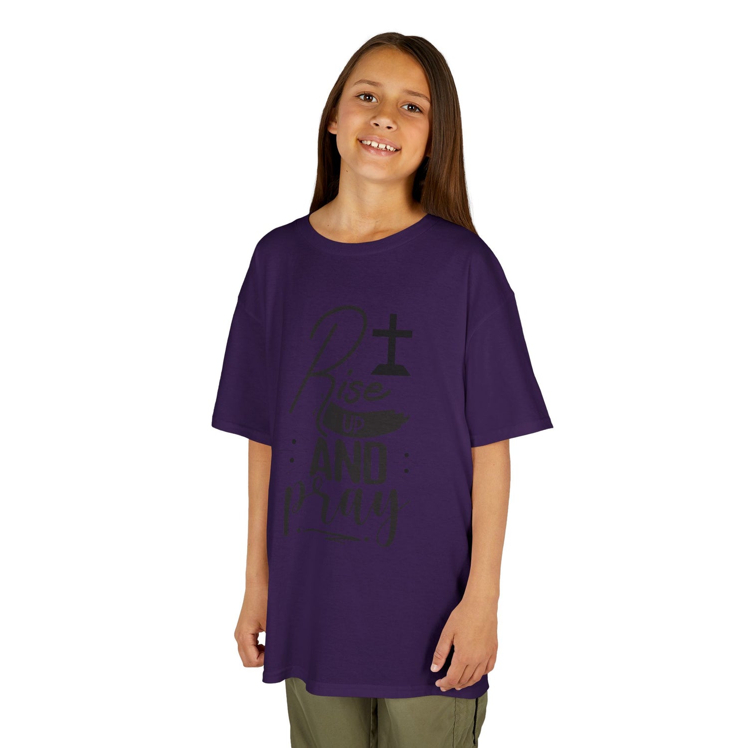 Kids Tee — "Rise Up and Pray" Christian Prayer Shirt with BGSM Back Logo