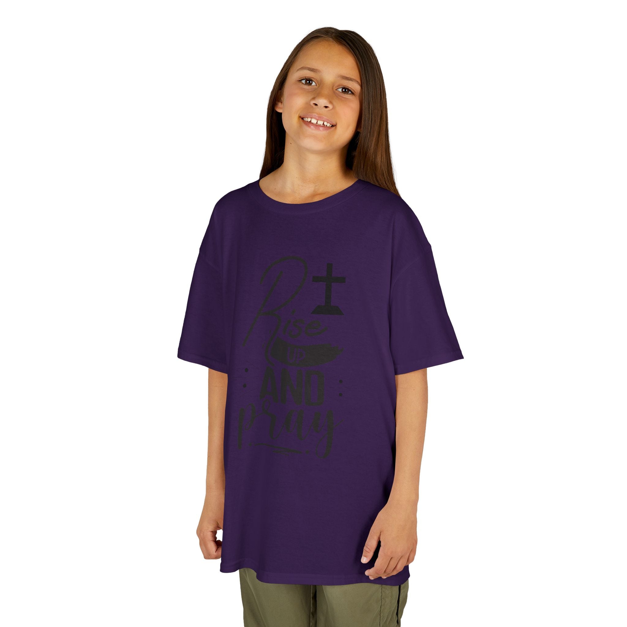 Kids Tee — "Rise Up and Pray" Christian Prayer Shirt with BGSM Back Logo