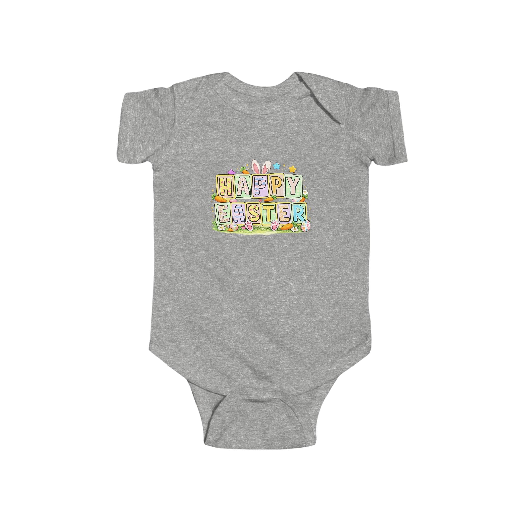BGSM Happy Easter Baby Bodysuit — Infant Fine Jersey Easter Onesie with Colorful Block Design