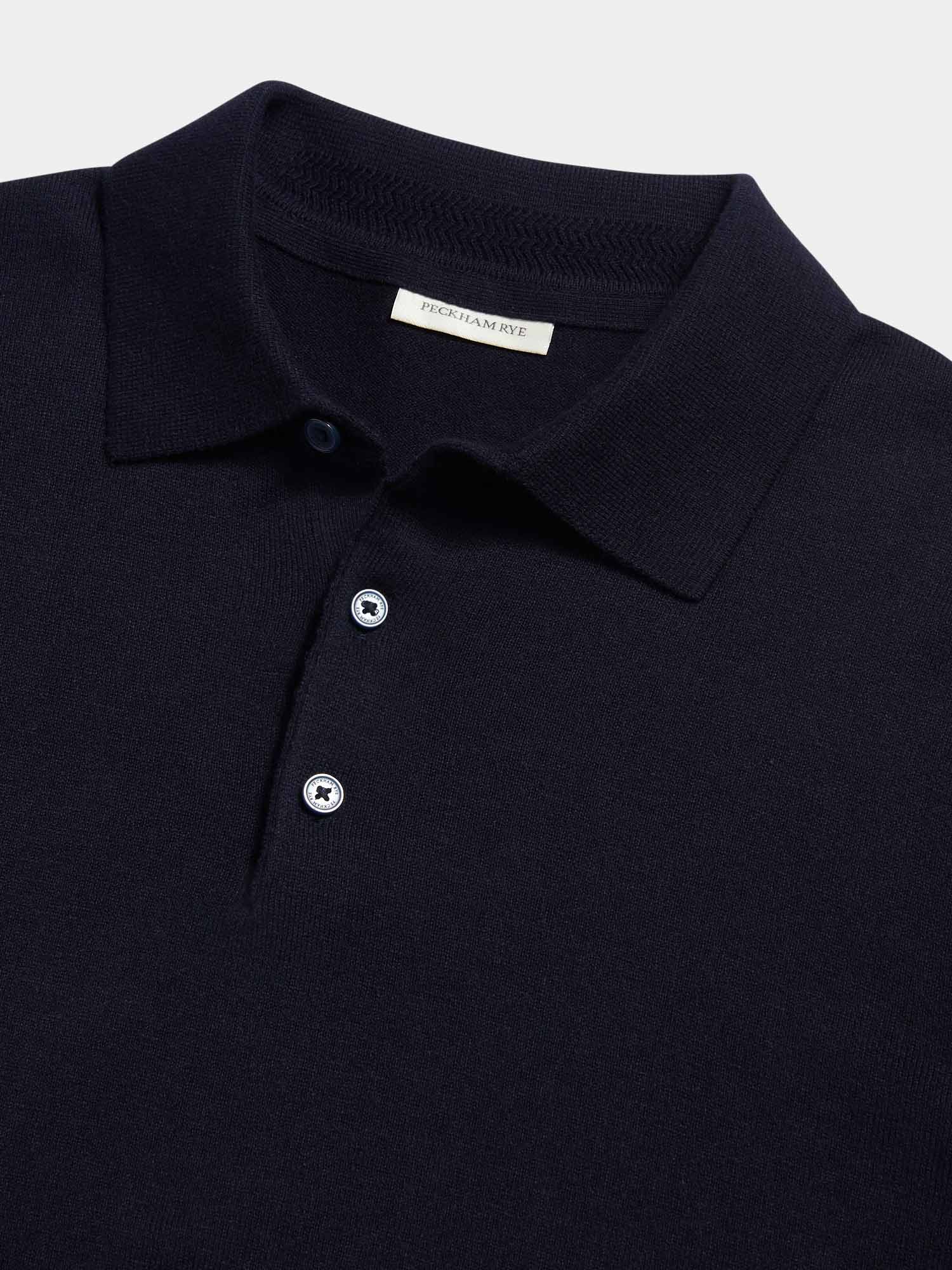 Jersey Knit Long Sleeve Polo Shirt in Dark Sapphire Navy