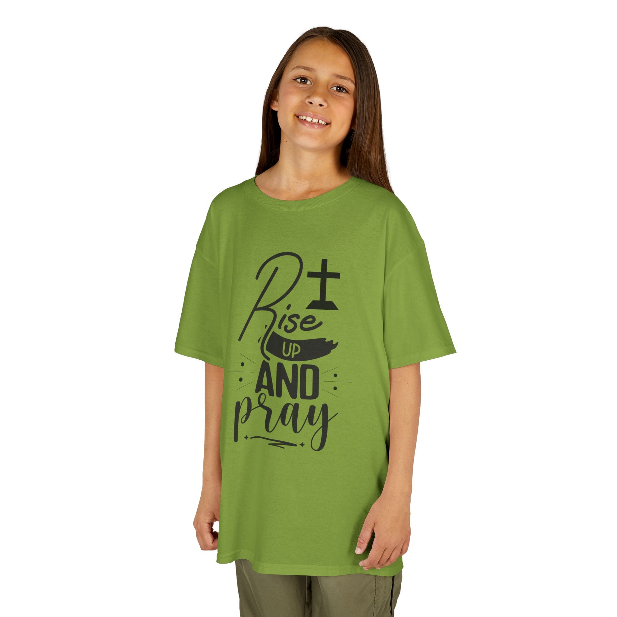 Kids Tee — "Rise Up and Pray" Christian Prayer Shirt with BGSM Back Logo