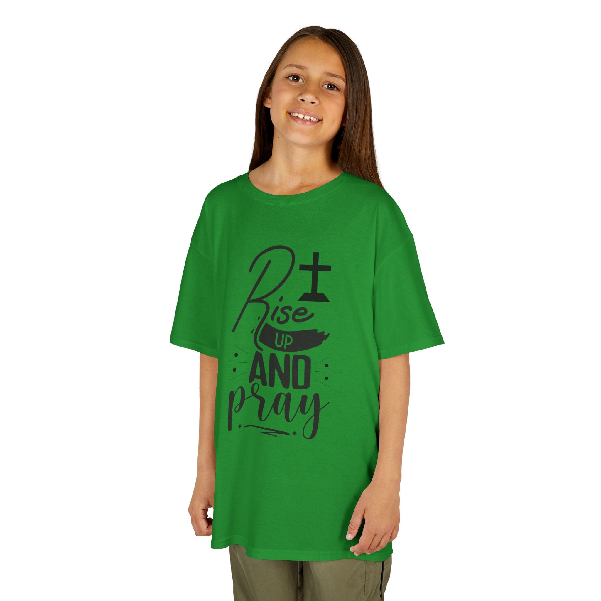 Kids Tee — "Rise Up and Pray" Christian Prayer Shirt with BGSM Back Logo
