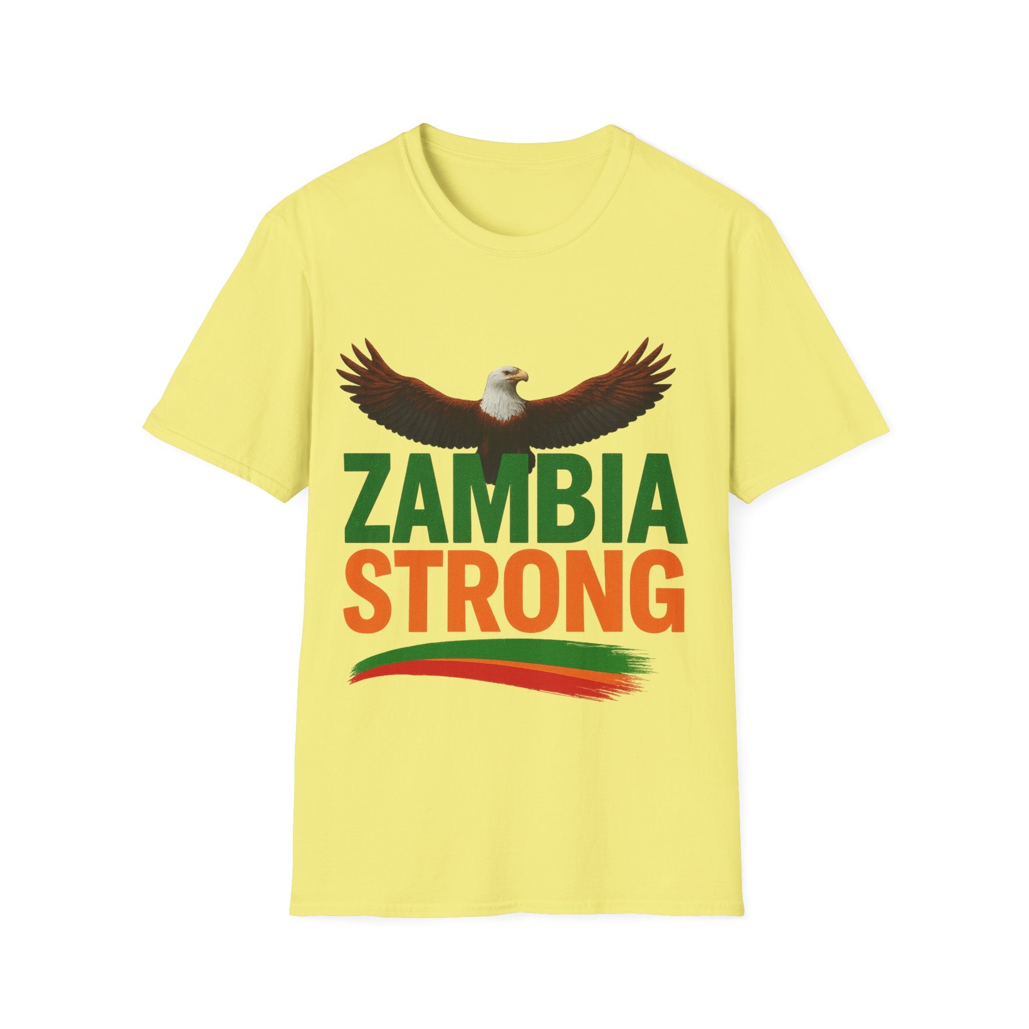 Zambia Strong T-Shirt — Patriotic Eagle with Green & Orange Brushstroke