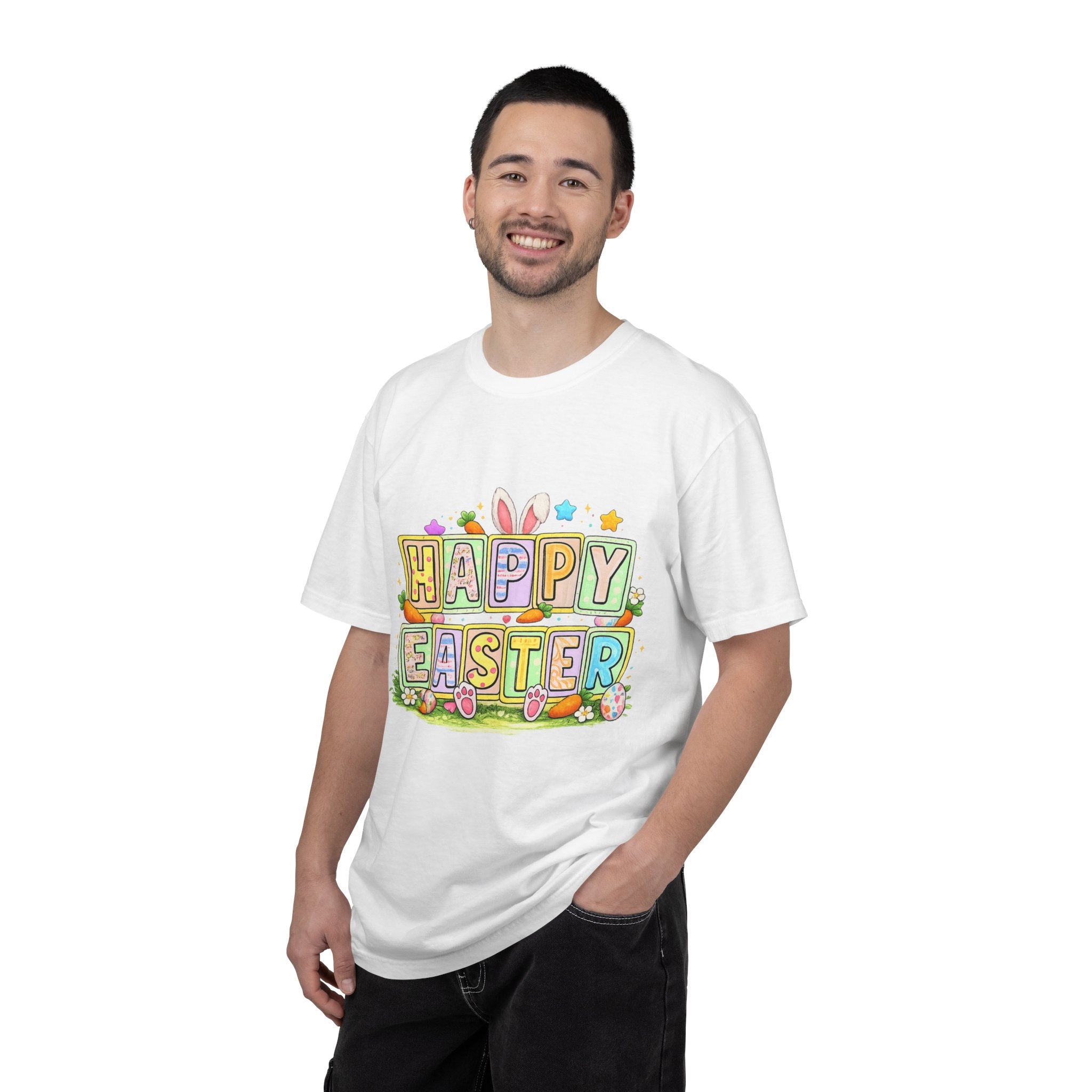 Easter Block Letter T-Shirt — "Happy Easter" Pastel Bunny & Egg Graphic