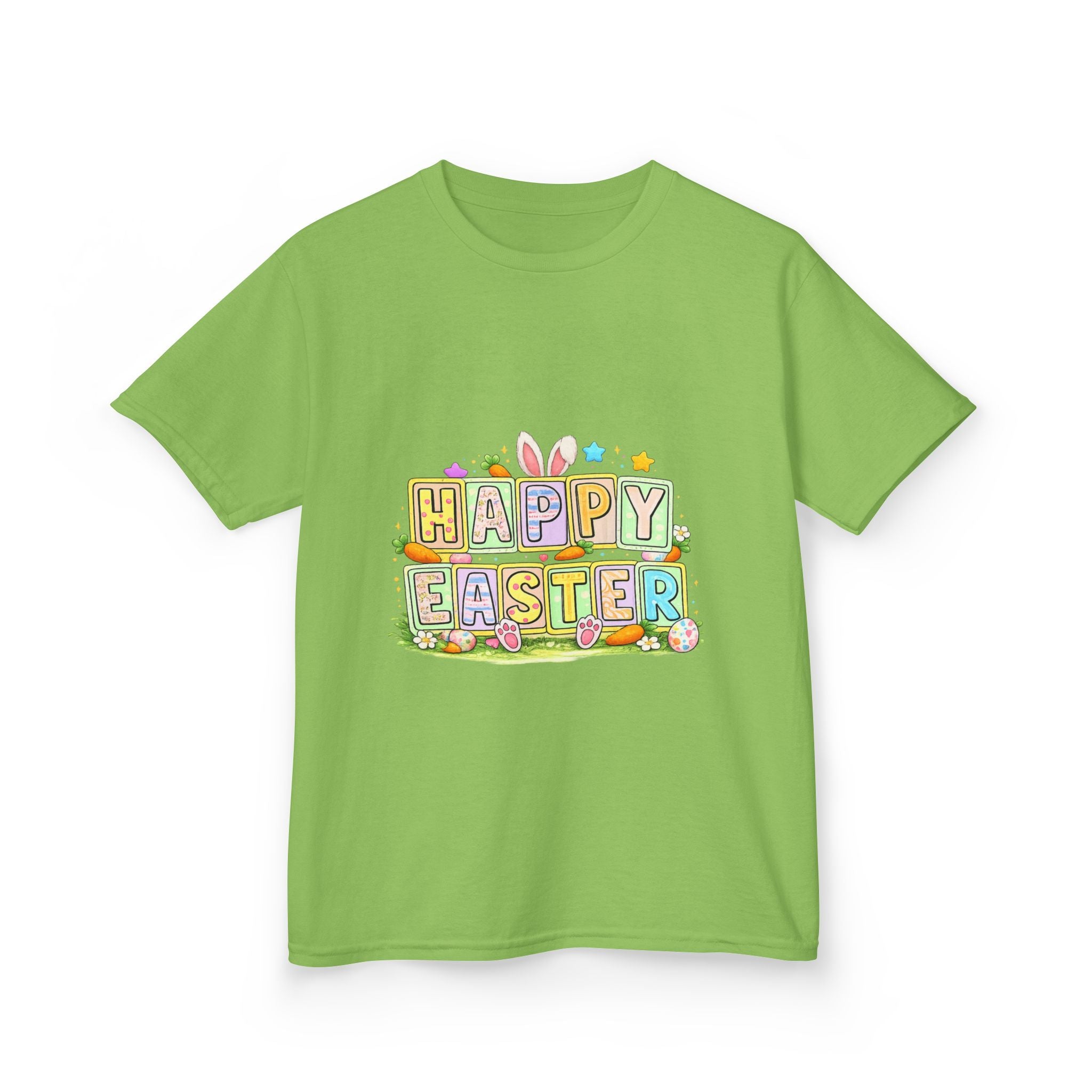 BGSM Kids T-Shirt - "Happy Easter" Colorful Block Letters Tee (Back BGSM Watercolor Accent)