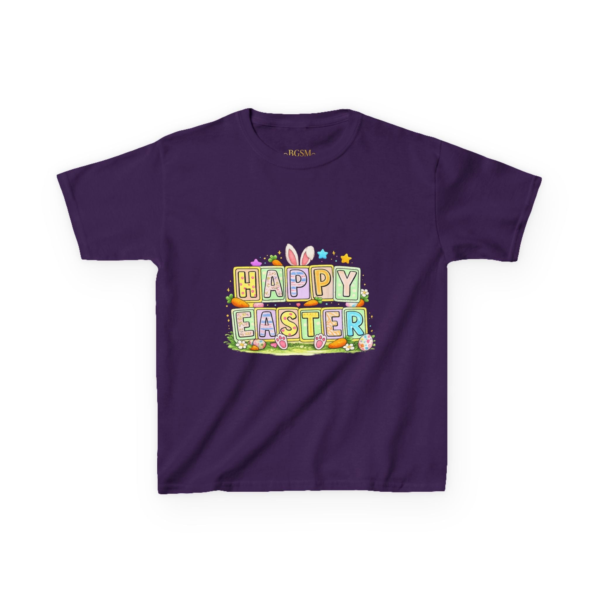BGSM Kids T-Shirt - "Happy Easter" Colorful Block Letters Tee (Back BGSM Watercolor Accent)