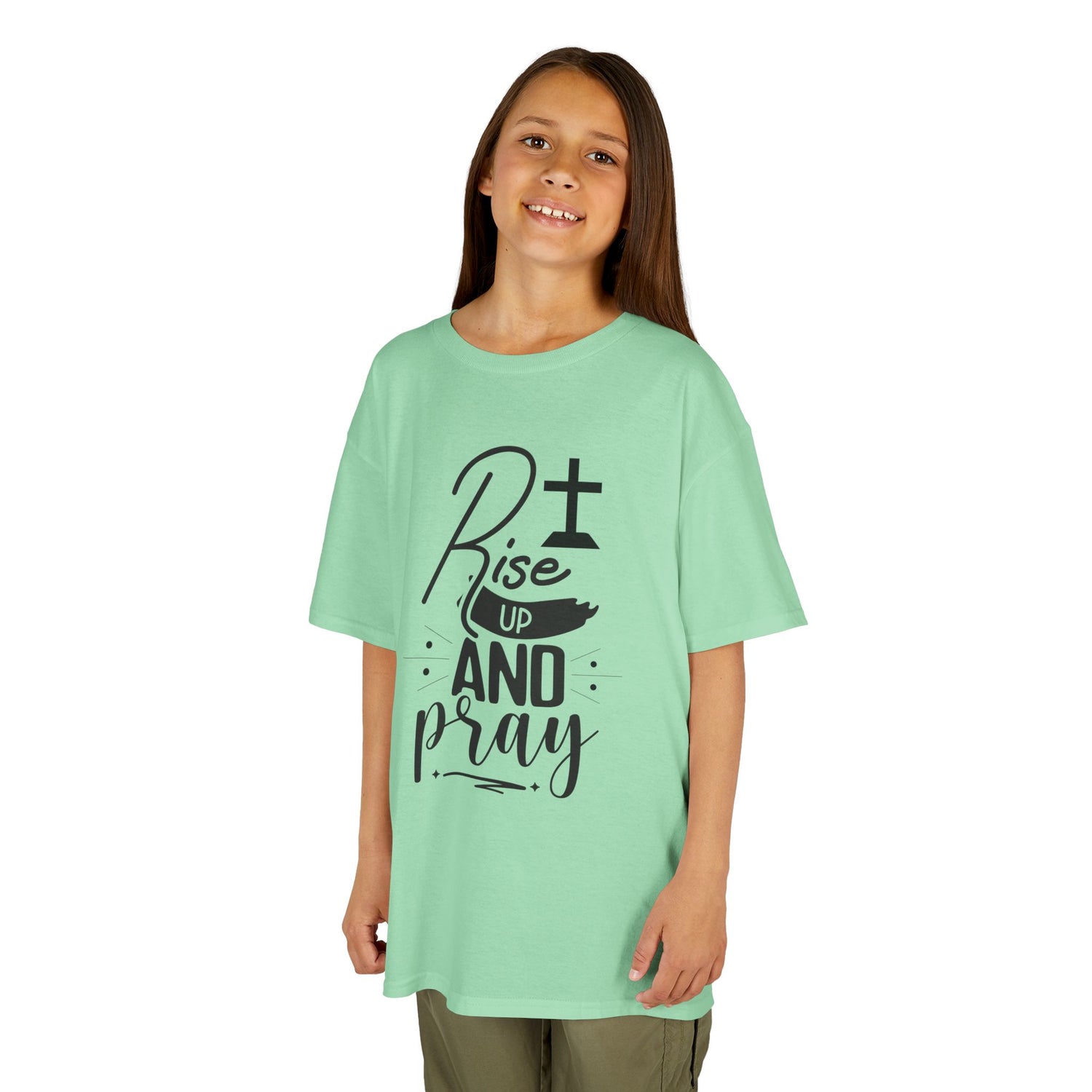 Kids Tee — "Rise Up and Pray" Christian Prayer Shirt with BGSM Back Logo