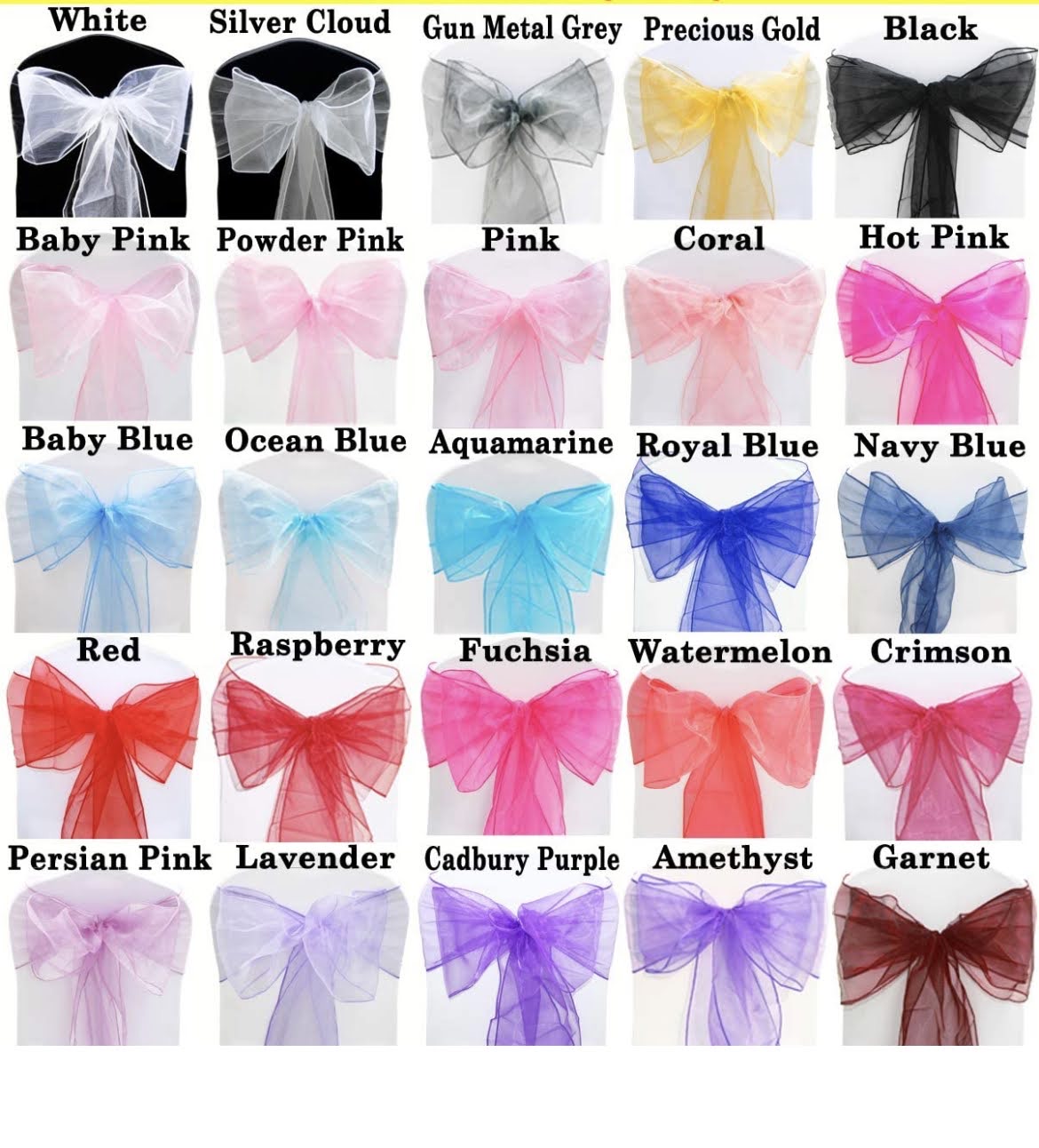 Colour chart showing a variety of organza chair-sash bows