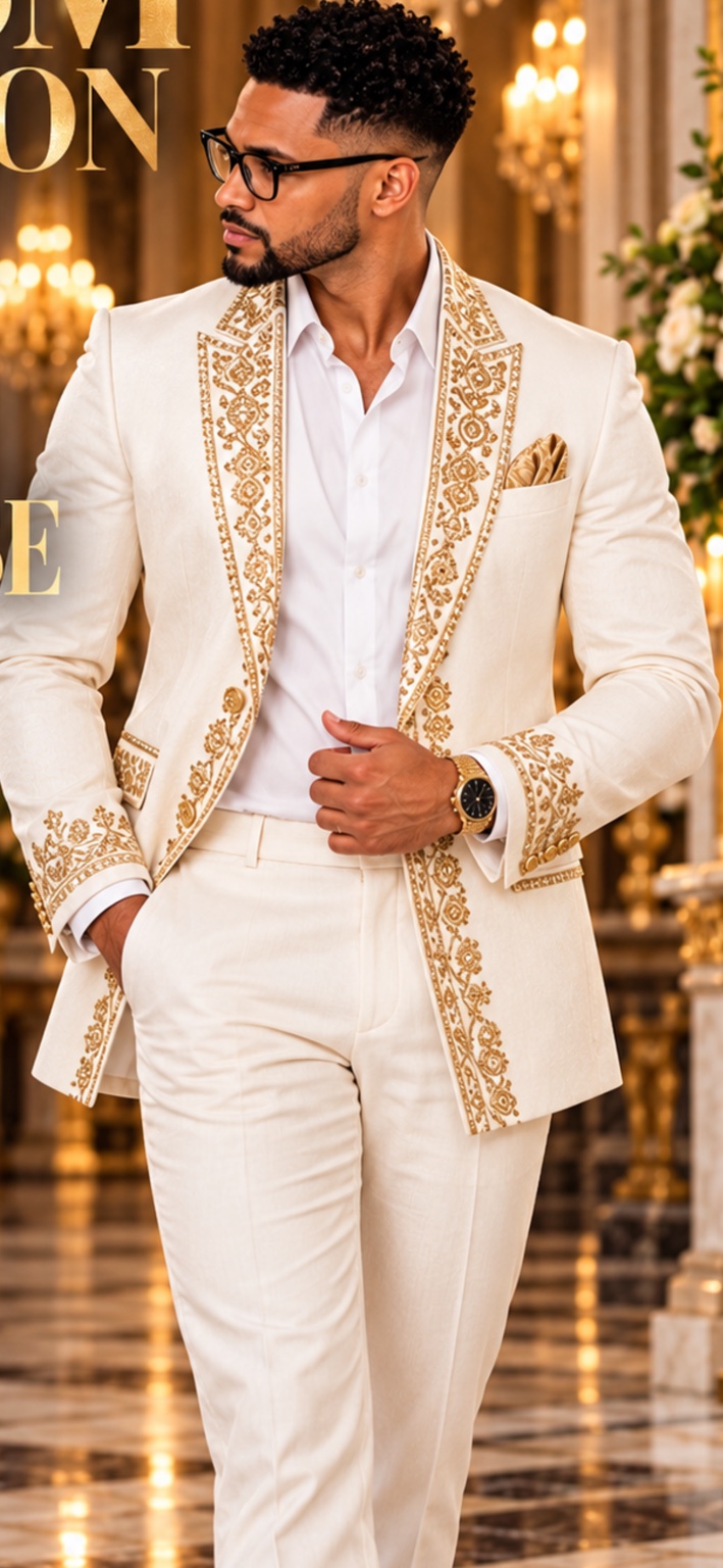 Model showcasing ivory and gold tailored formalwear