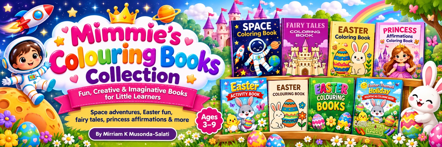 Mimmie's Colouring Books Collection banner showcasing space, fairy tales, Easter and princess colouring books