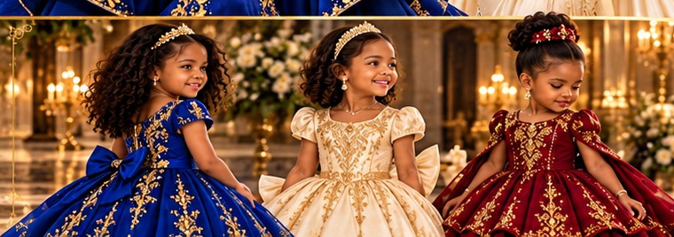 Illustrative design concepts for children's royal blue, ivory and burgundy dresses