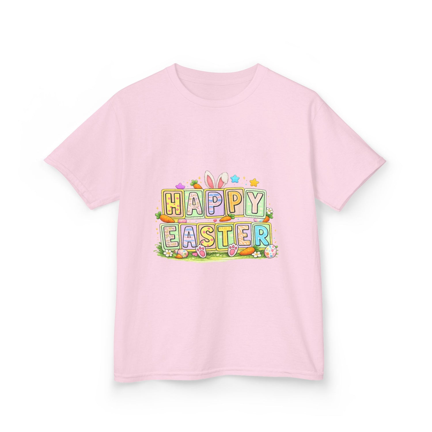 BGSM Kids T-Shirt - "Happy Easter" Colorful Block Letters Tee (Back BGSM Watercolor Accent)