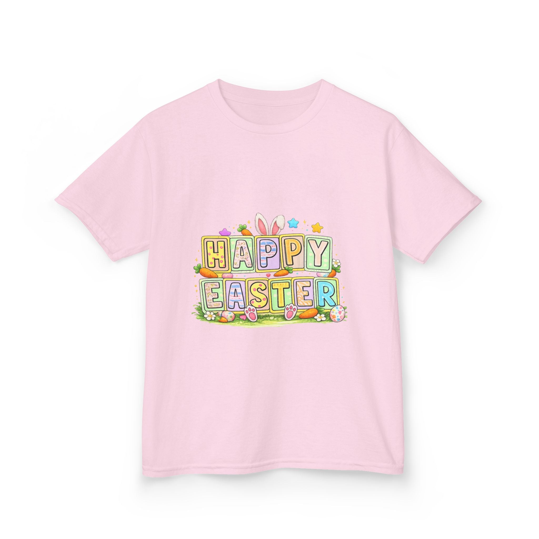 BGSM Kids T-Shirt - "Happy Easter" Colorful Block Letters Tee (Back BGSM Watercolor Accent)