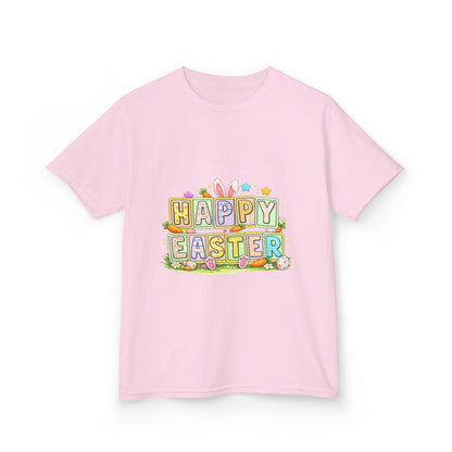 BGSM Kids T-Shirt - "Happy Easter" Colorful Block Letters Tee (Back BGSM Watercolor Accent)