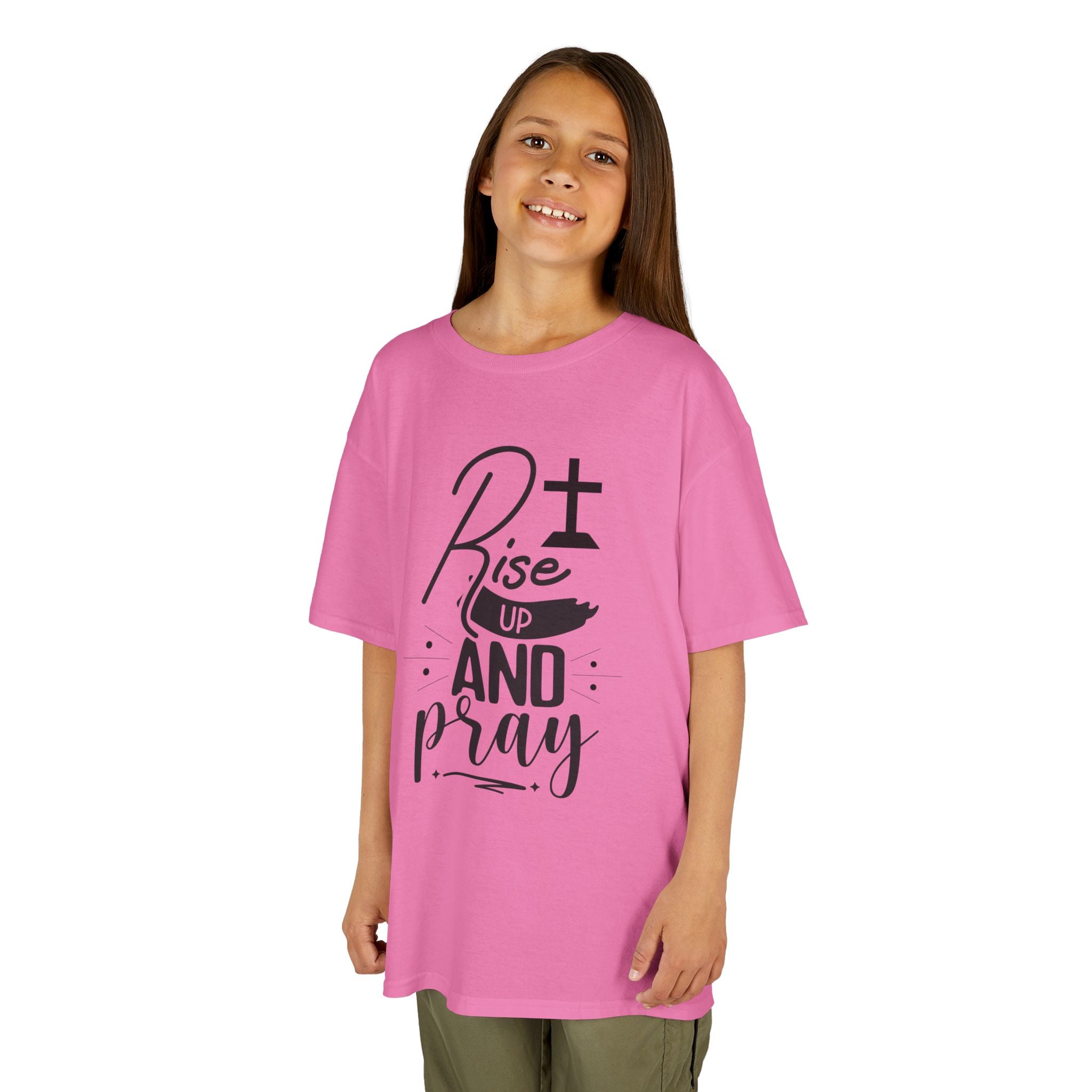 Kids Tee — "Rise Up and Pray" Christian Prayer Shirt with BGSM Back Logo