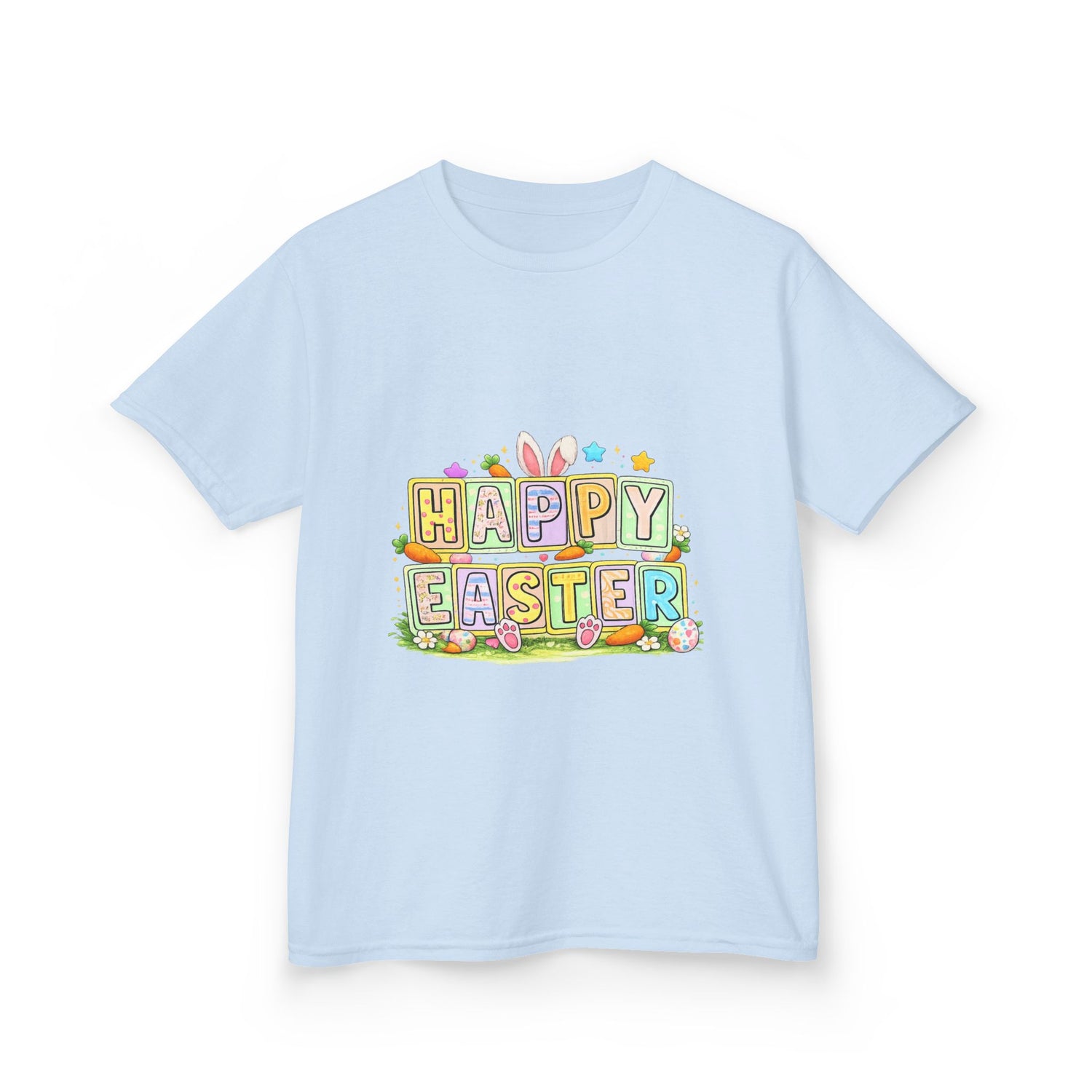 BGSM Kids T-Shirt - "Happy Easter" Colorful Block Letters Tee (Back BGSM Watercolor Accent)