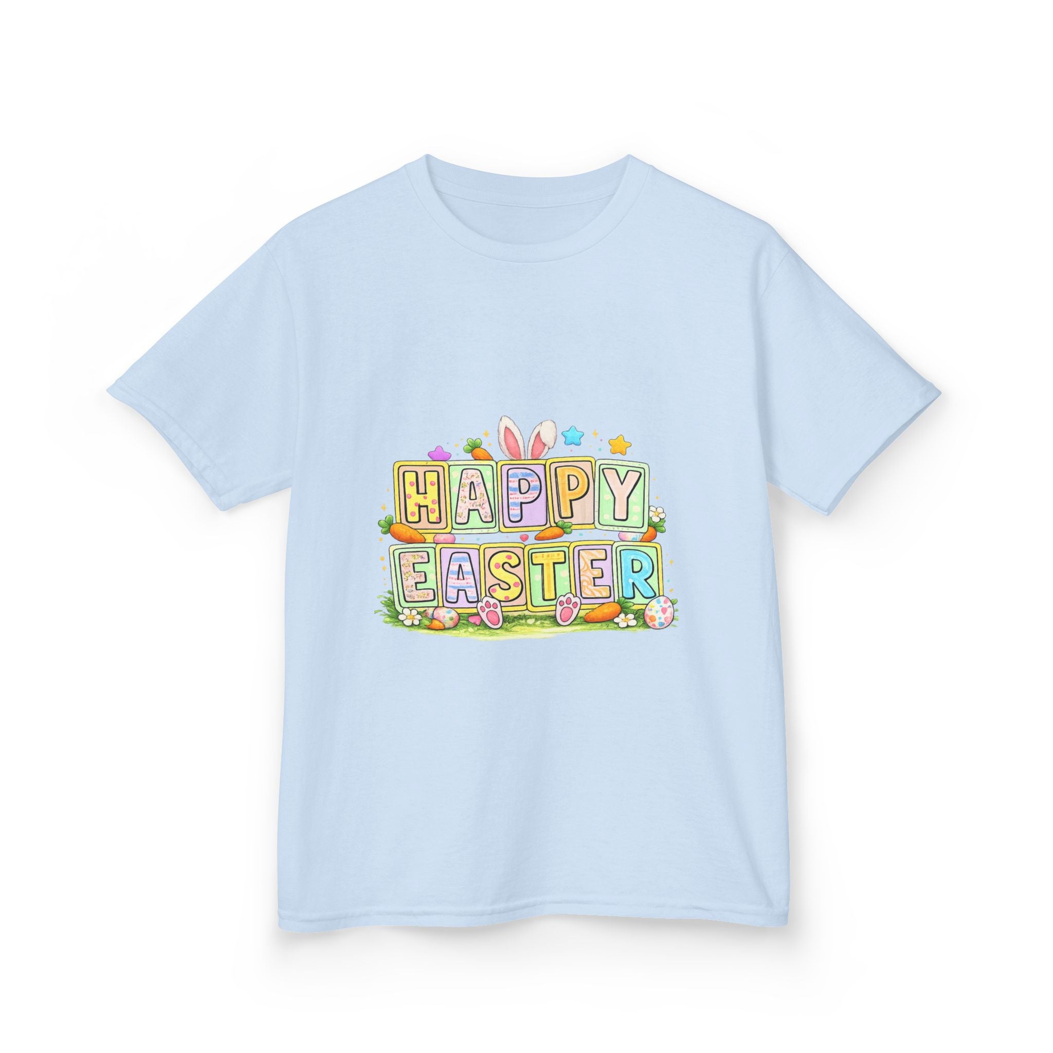 BGSM Kids T-Shirt - "Happy Easter" Colorful Block Letters Tee (Back BGSM Watercolor Accent)