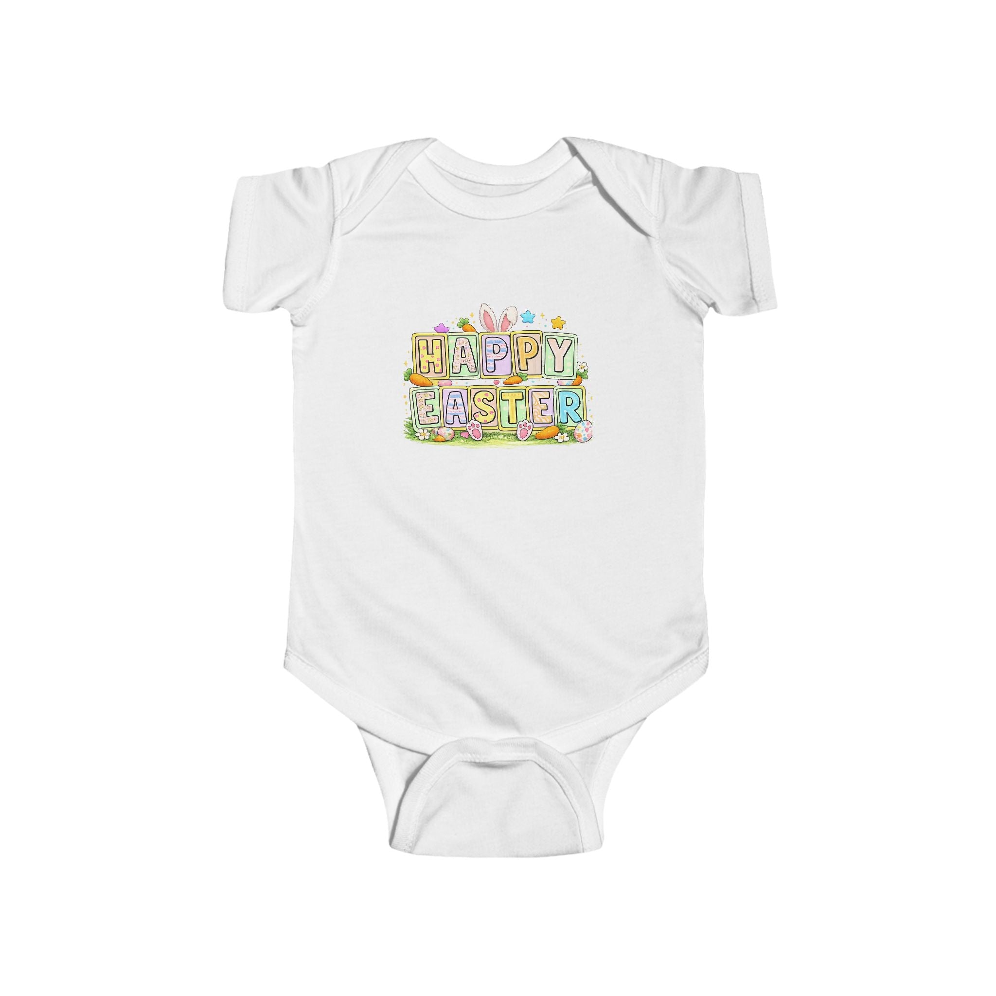 BGSM Happy Easter Baby Bodysuit — Infant Fine Jersey Easter Onesie with Colorful Block Design