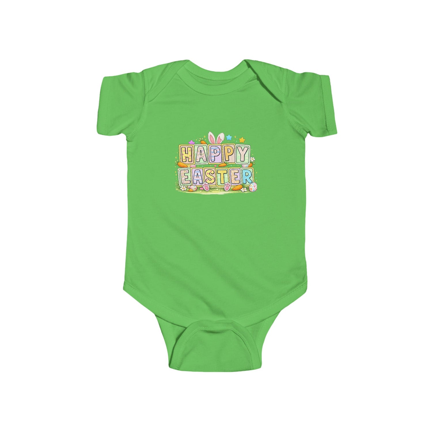 BGSM Happy Easter Baby Bodysuit — Infant Fine Jersey Easter Onesie with Colorful Block Design