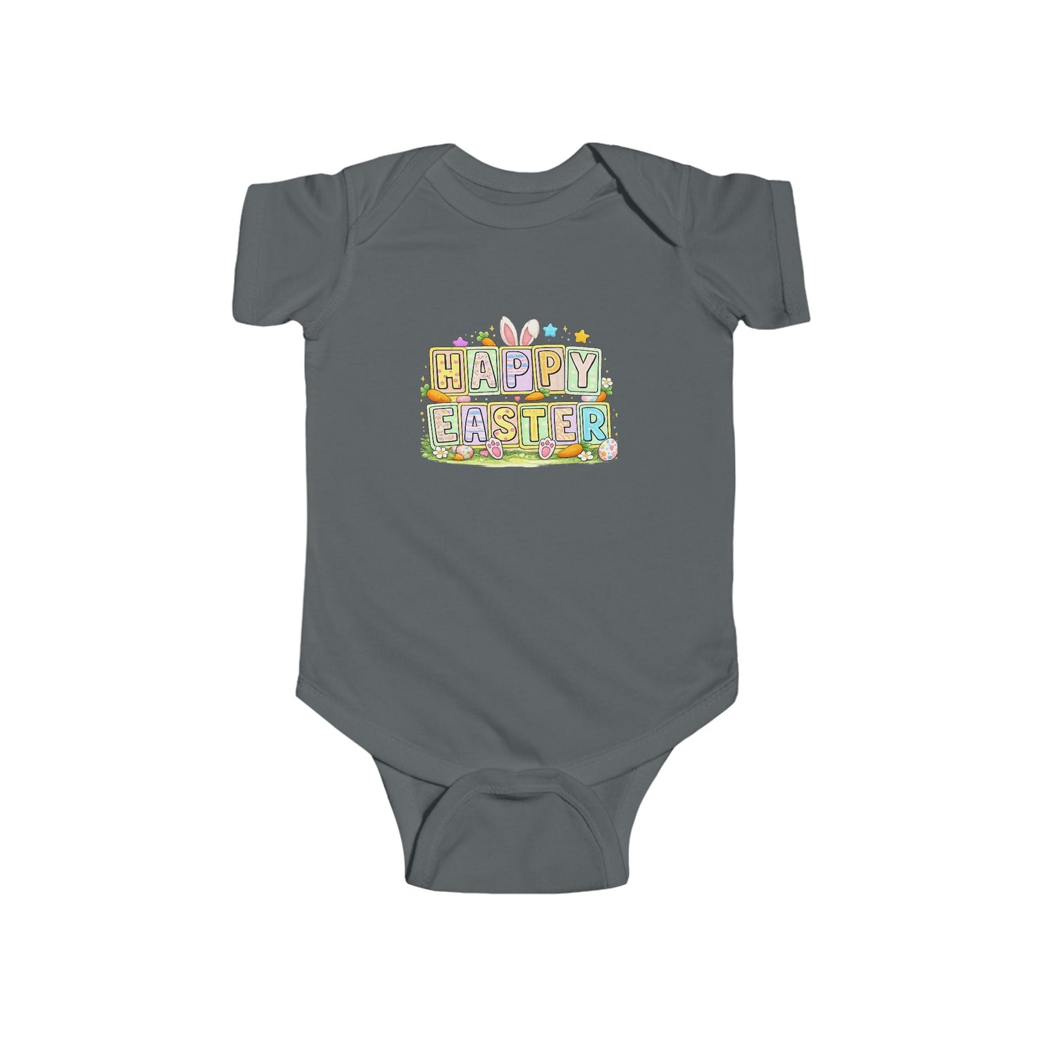 BGSM Happy Easter Baby Bodysuit — Infant Fine Jersey Easter Onesie with Colorful Block Design