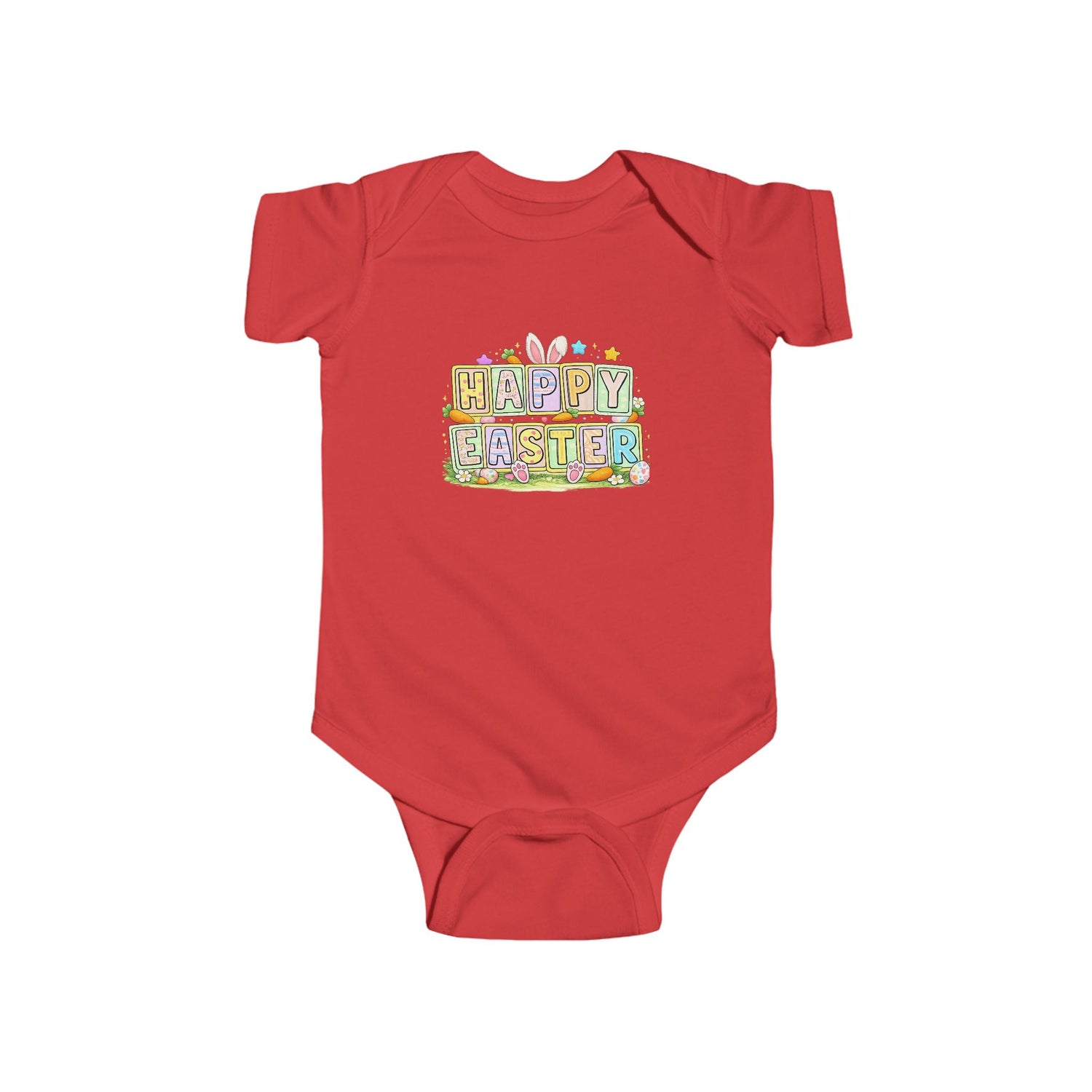 BGSM Happy Easter Baby Bodysuit — Infant Fine Jersey Easter Onesie with Colorful Block Design