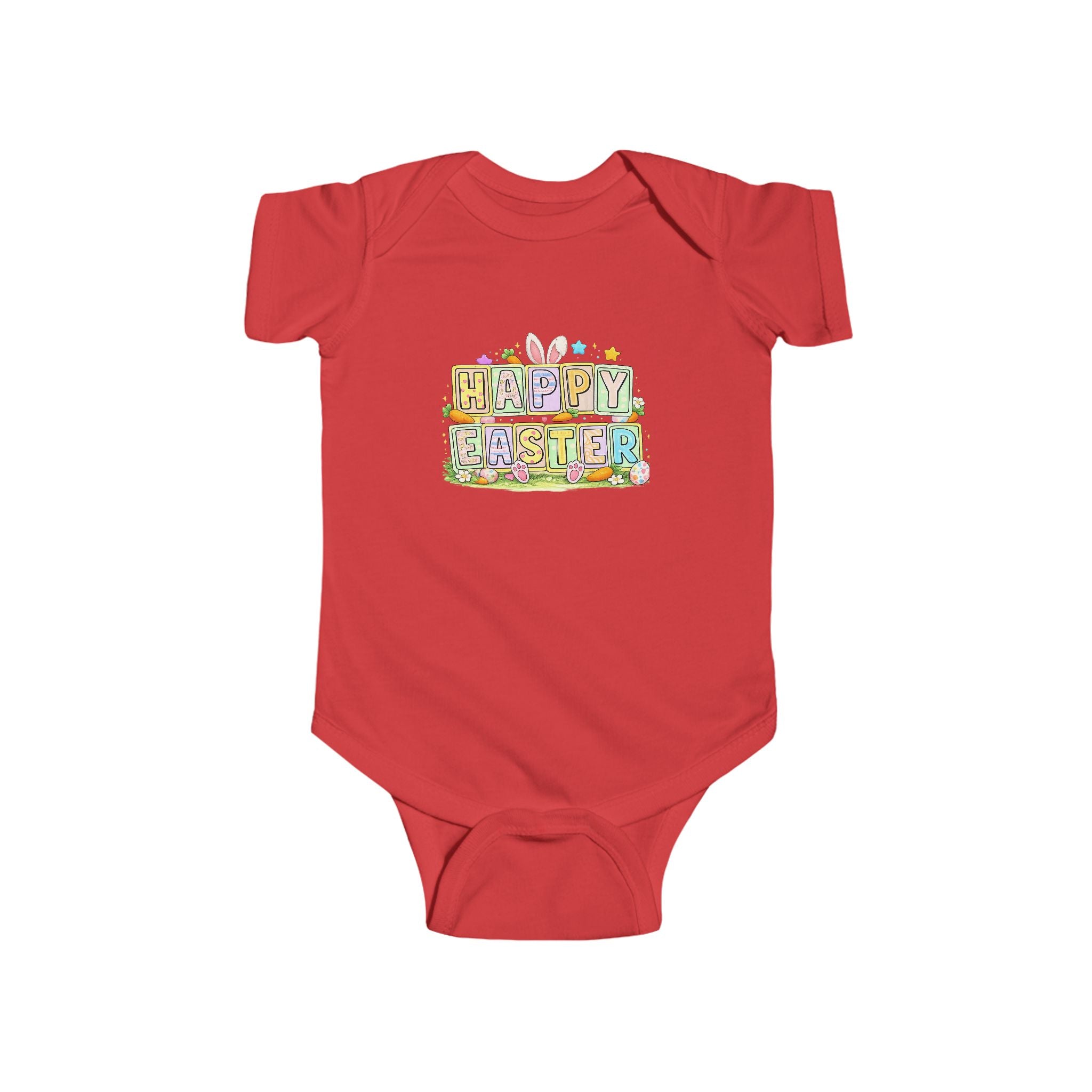 BGSM Happy Easter Baby Bodysuit — Infant Fine Jersey Easter Onesie with Colorful Block Design