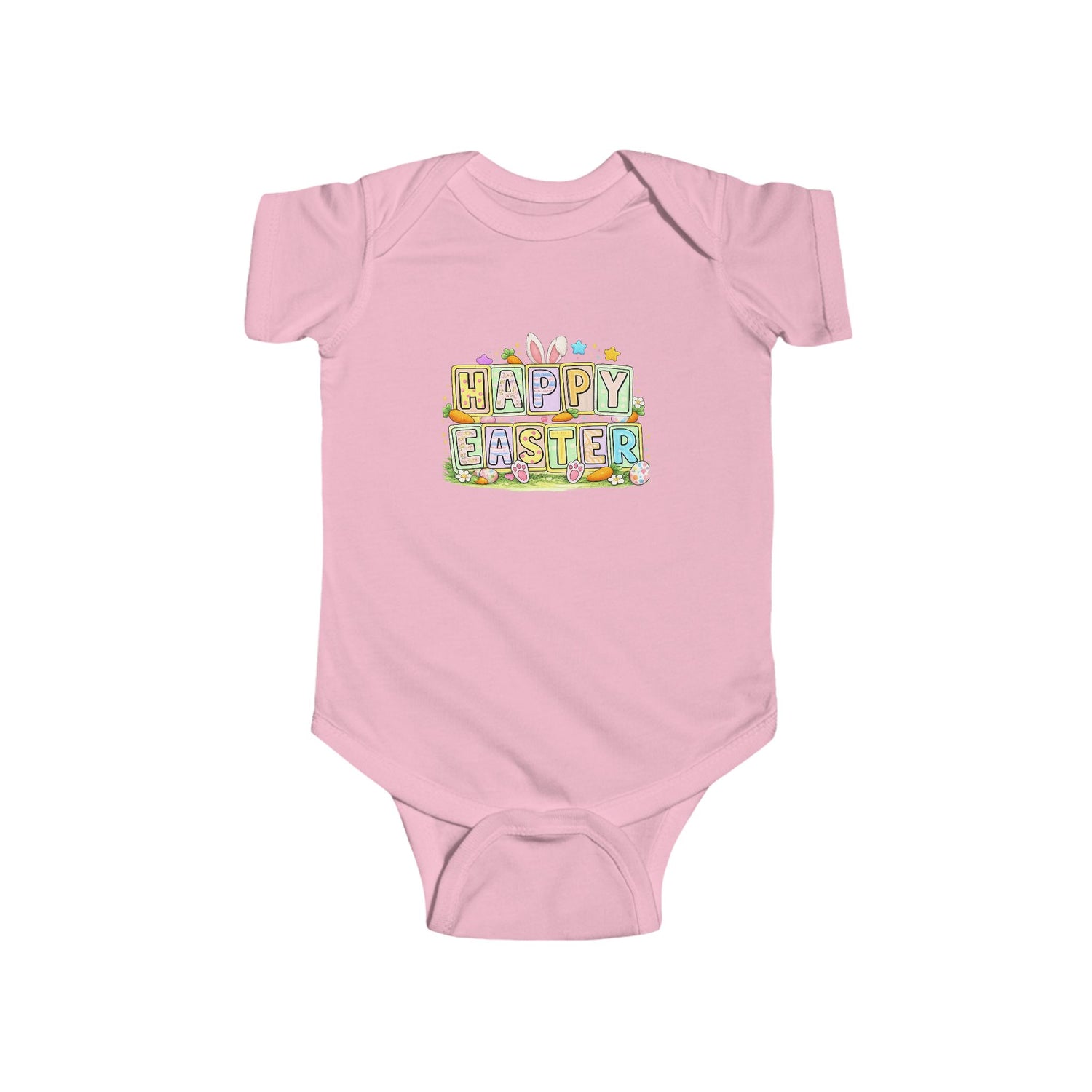BGSM Happy Easter Baby Bodysuit — Infant Fine Jersey Easter Onesie with Colorful Block Design